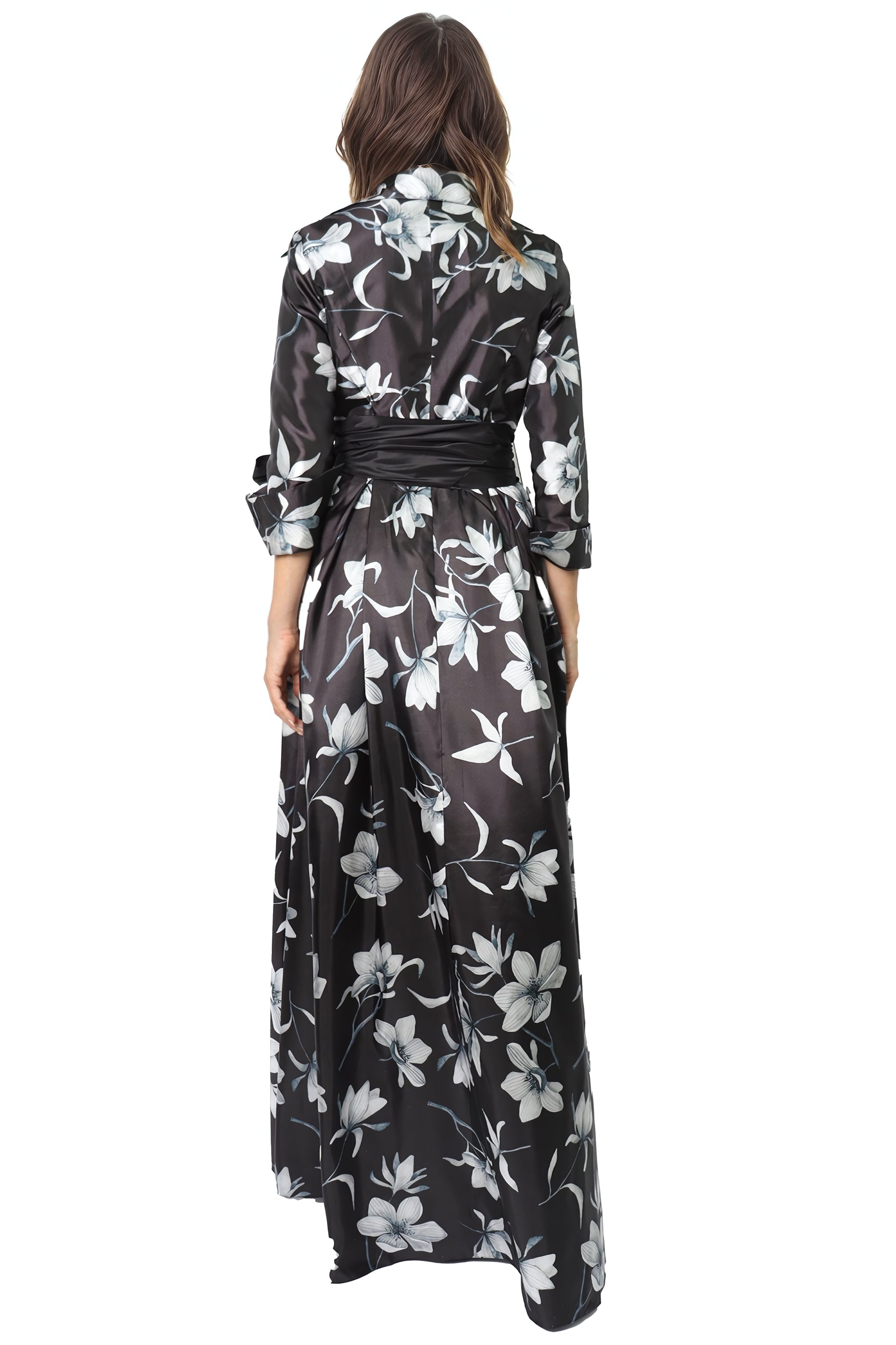 Floral Belted A-Line Taffeta Gown  