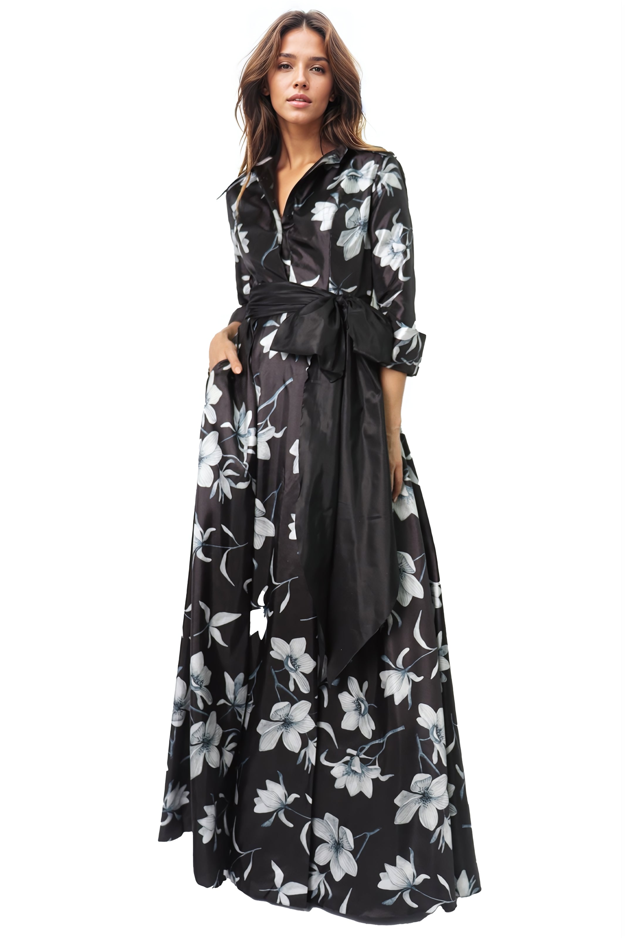 Floral Belted A-Line Taffeta Gown  