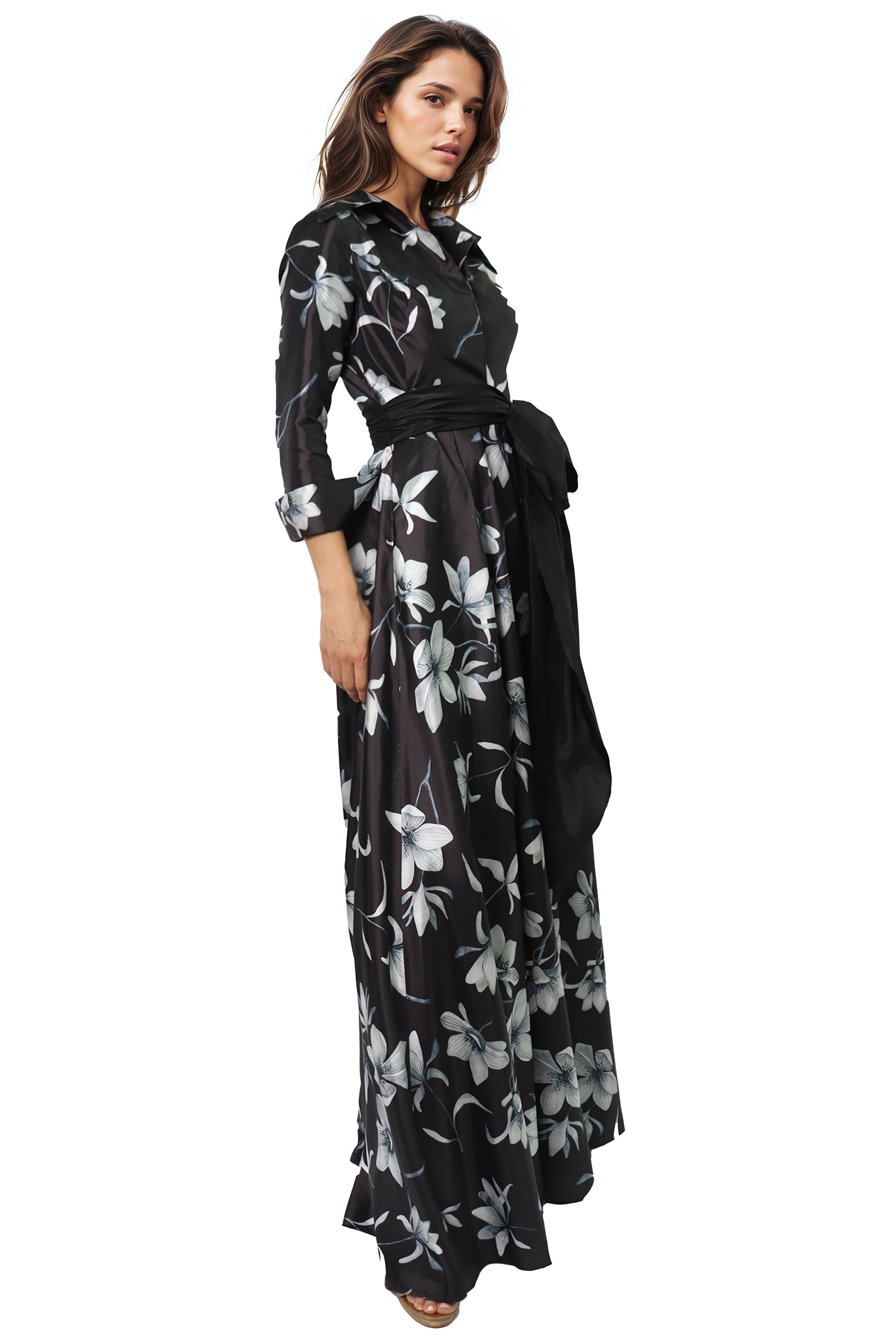 Floral Belted A-Line Taffeta Gown  