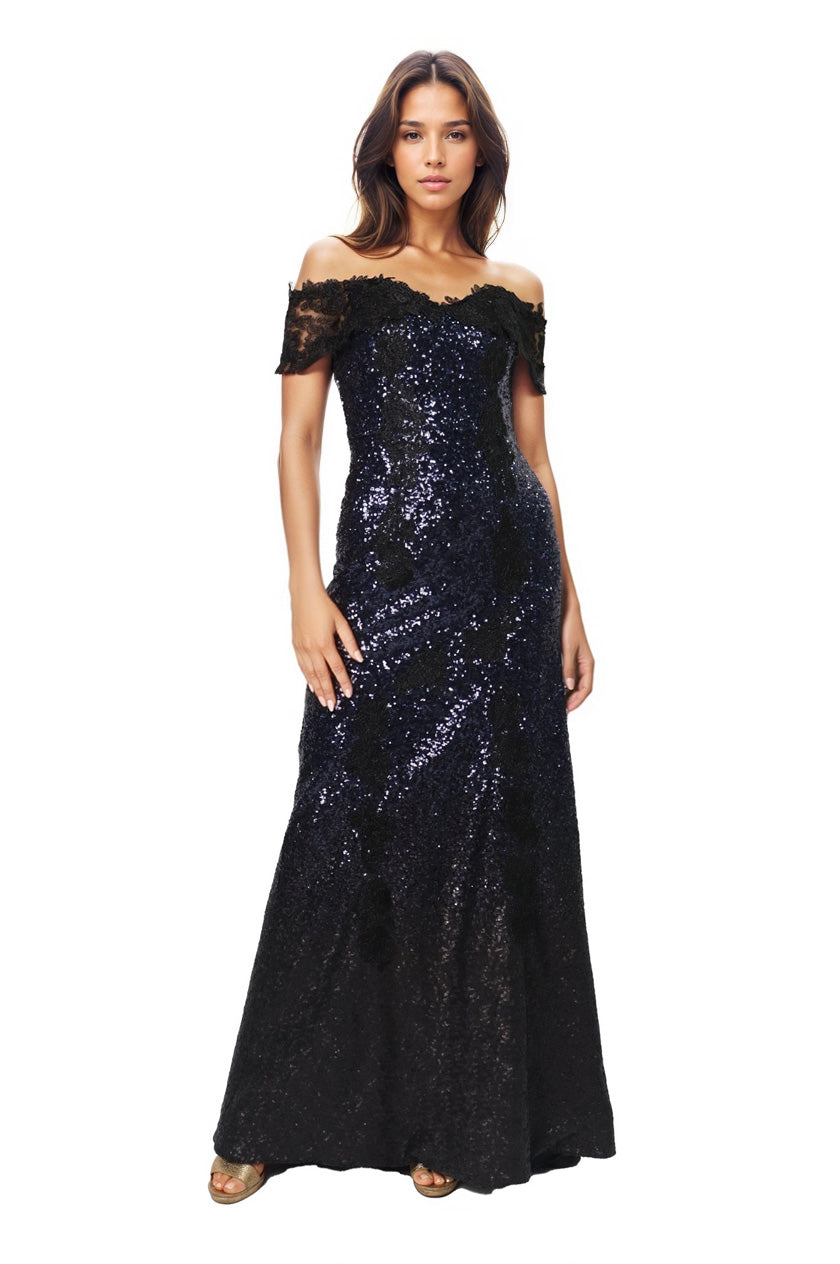 Off The Shoulder Fit and Flare Lace Sequin Gown  