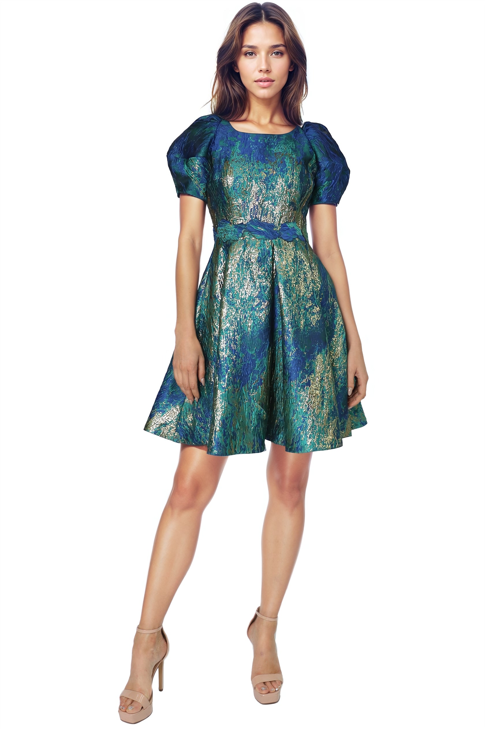 Puff Sleeve A-line Brocade Cocktail  