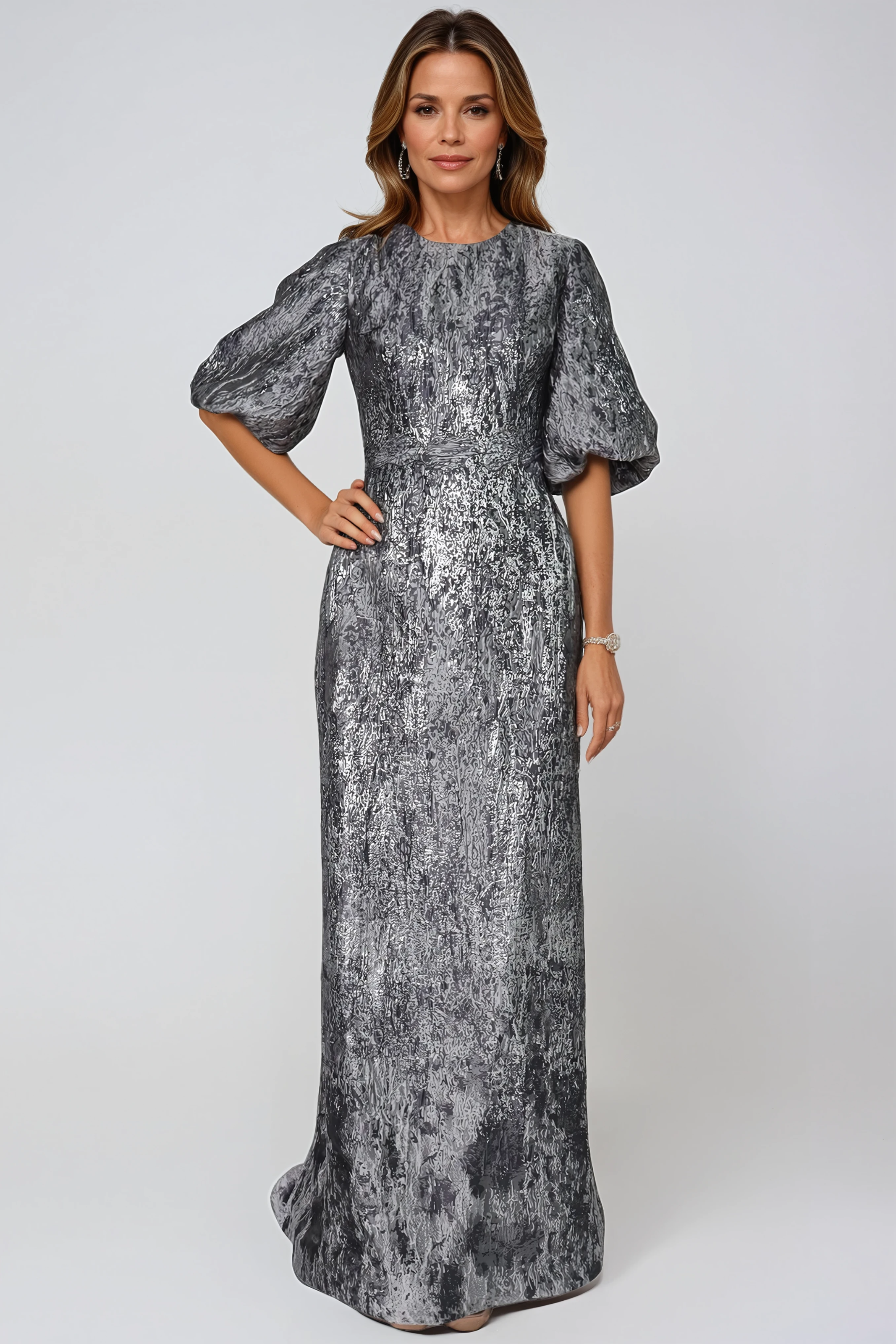 3/4 Puff Sleeve Brocade Gown