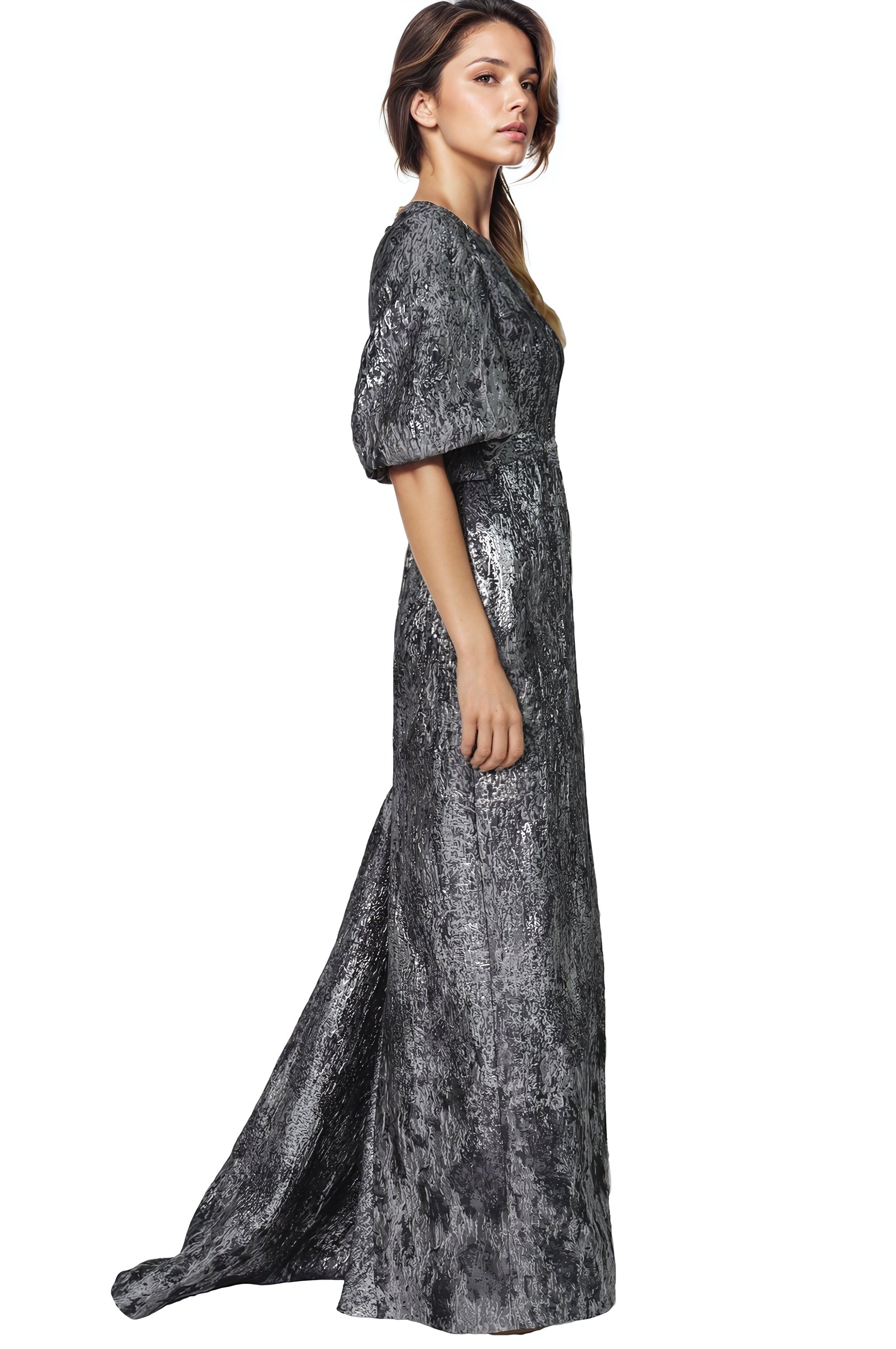 3/4 Puff Sleeve Brocade Gown  