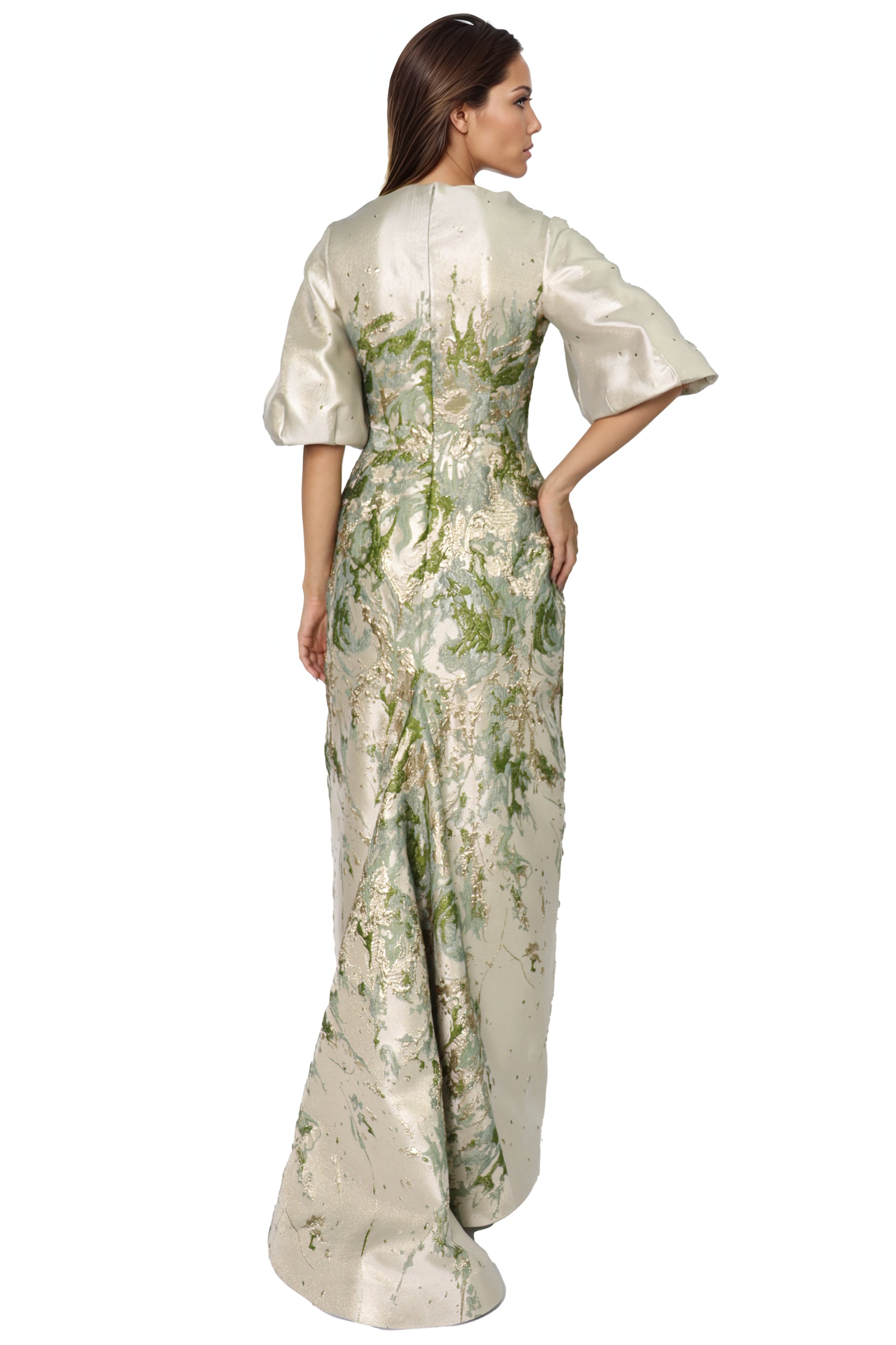 3/4 Puff Sleeve Brocade Gown  