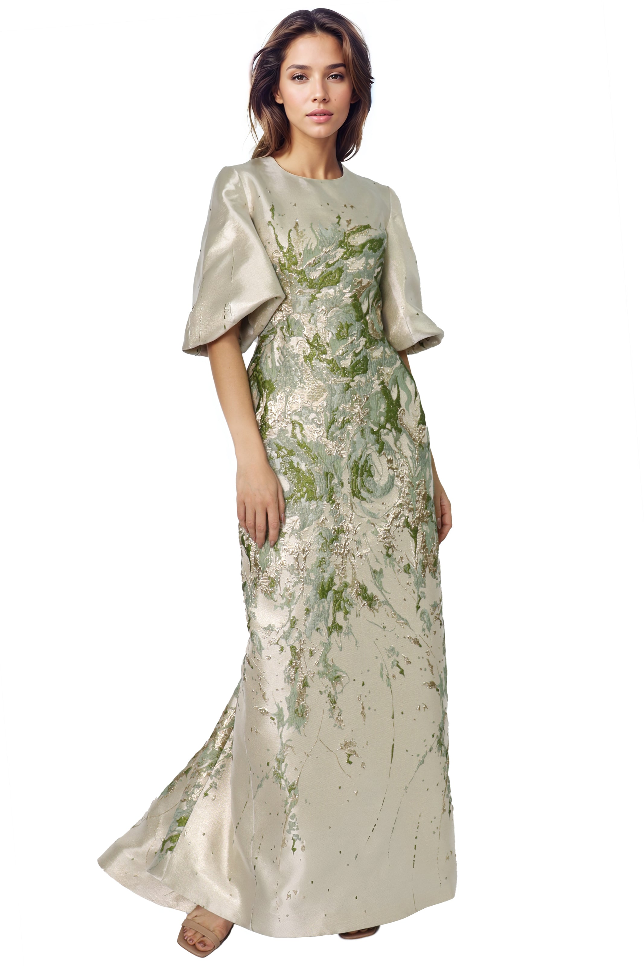 3/4 Puff Sleeve Brocade Gown  