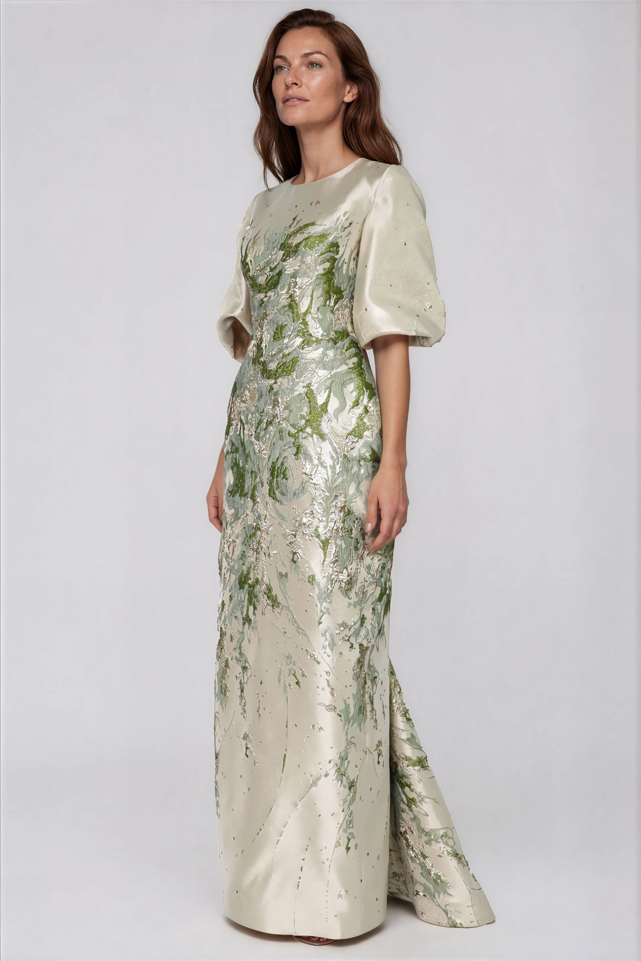 3/4 Puff Sleeve Brocade Gown Gown Rene Ruiz Collection