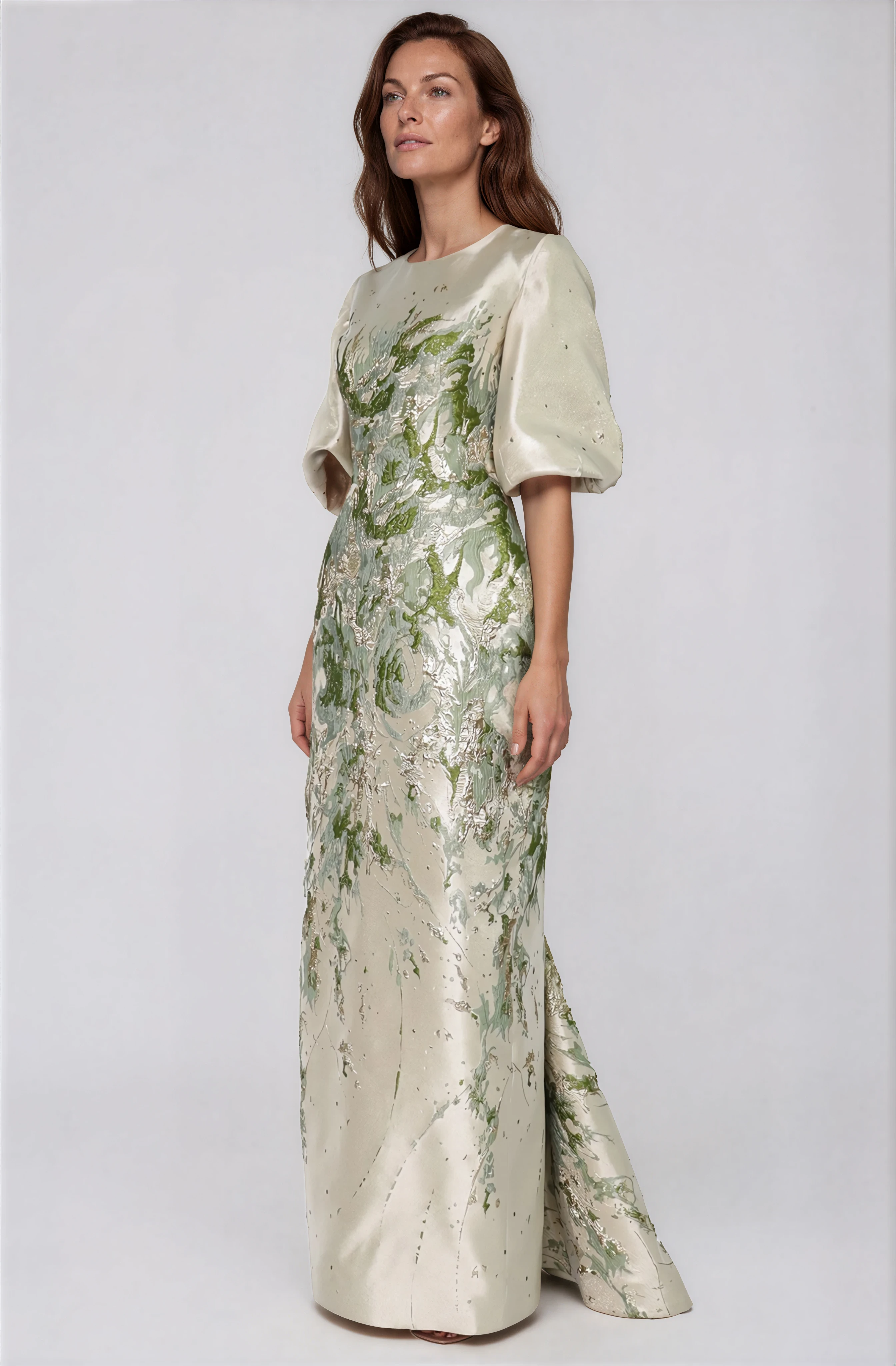 3/4 Puff Sleeve Brocade Gown