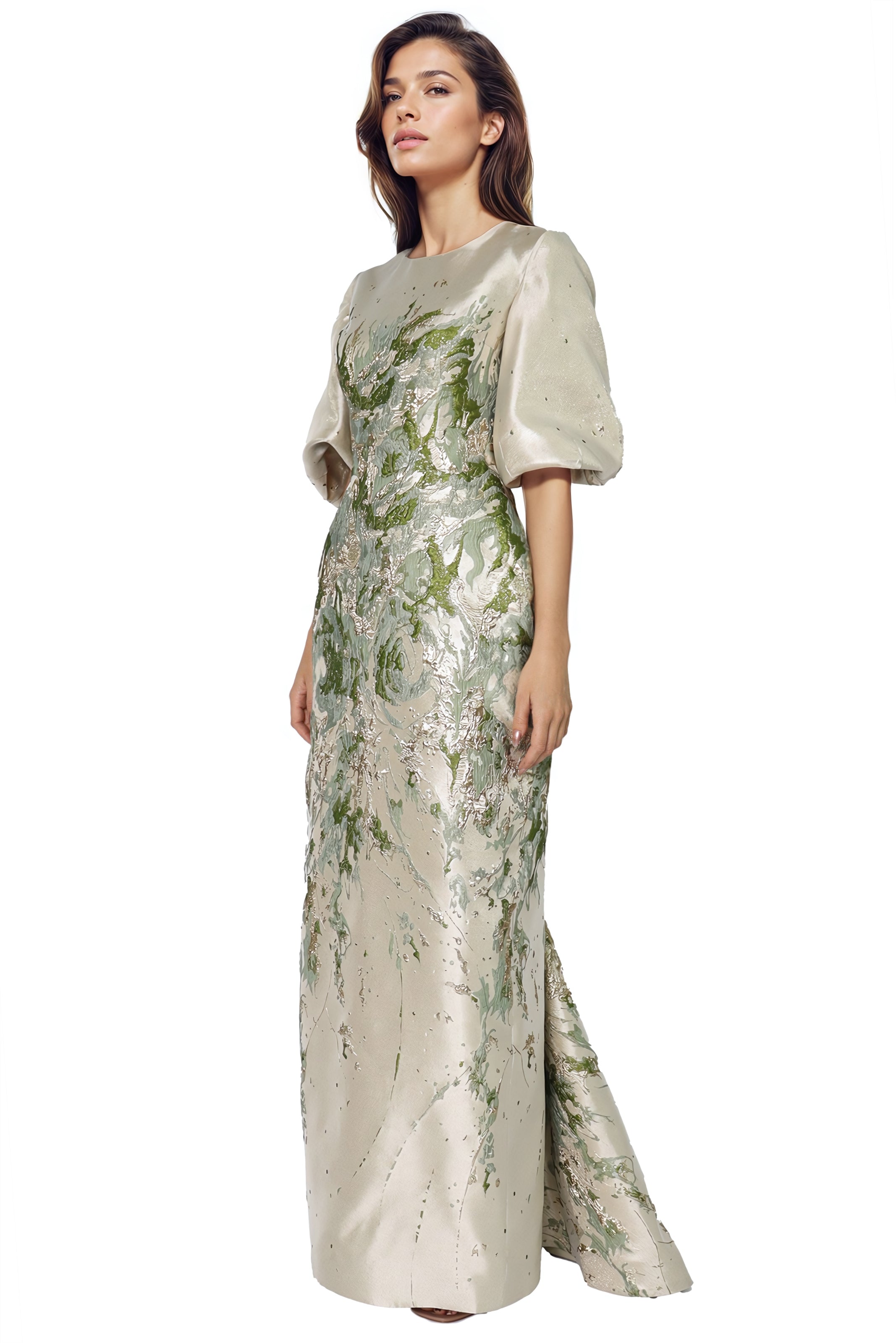 3/4 Puff Sleeve Brocade Gown  