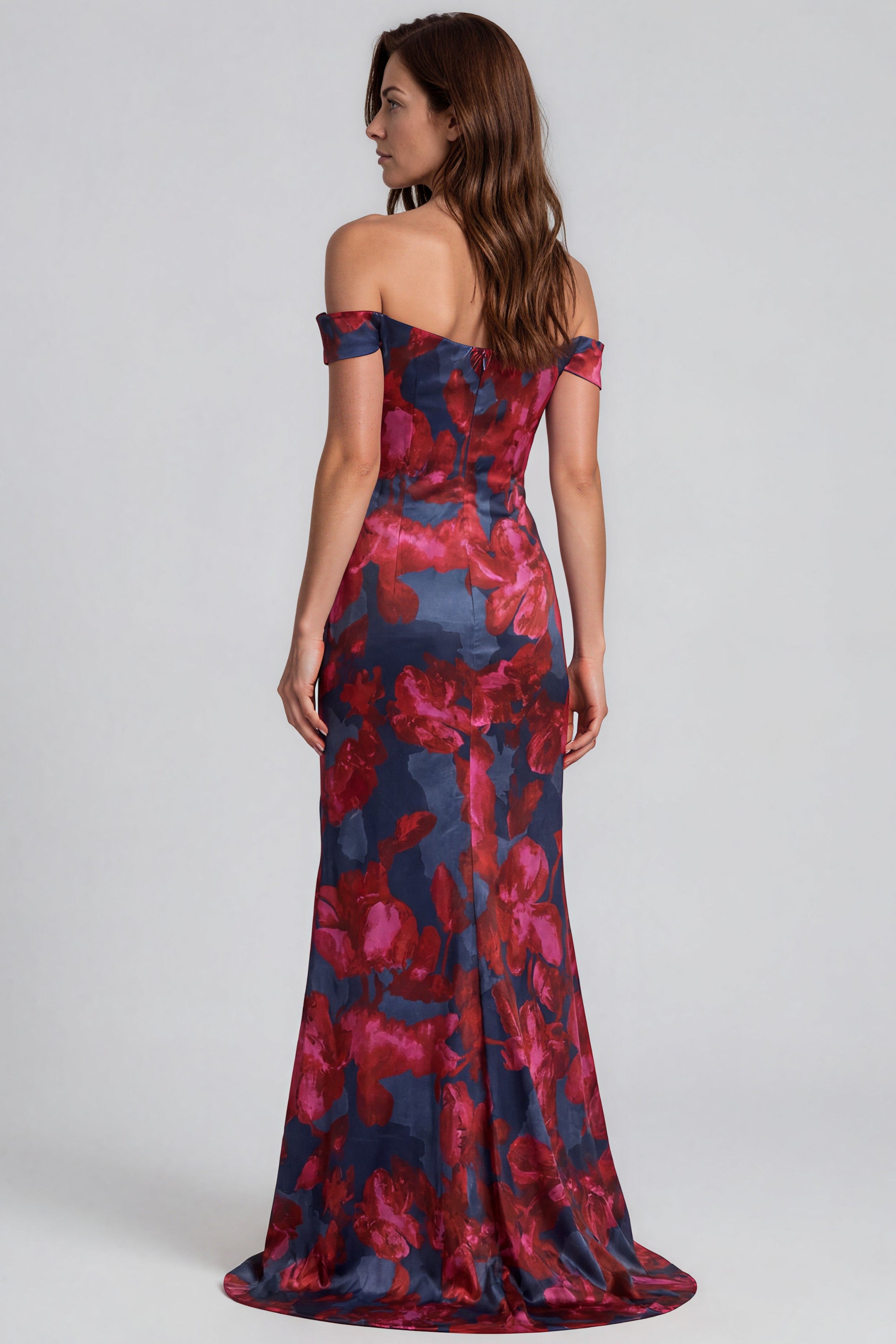 Off The Shoulder Printed Stretch Scuba Fit And Flare Gown Gown Rene Ruiz Collection
