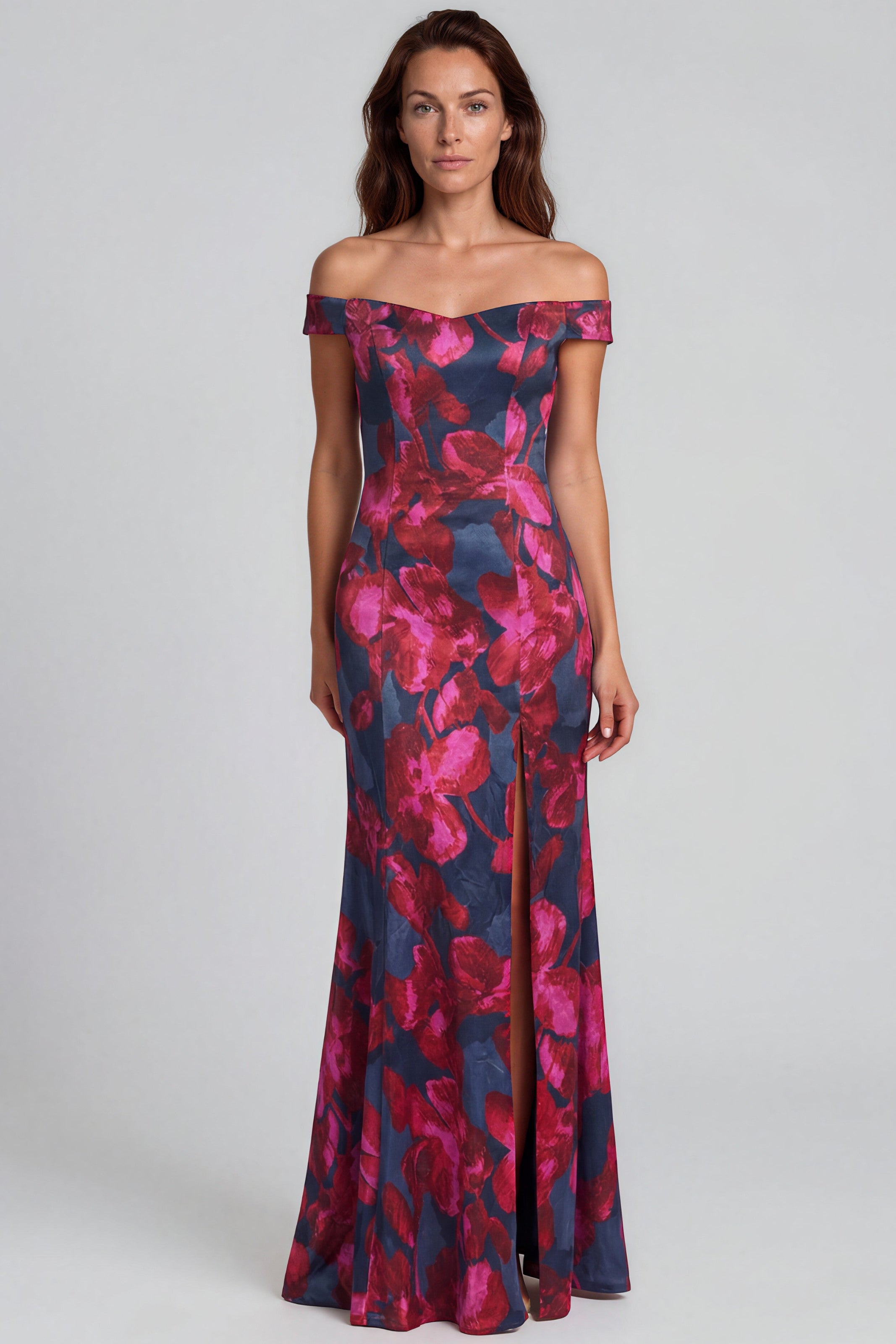 Off The Shoulder Printed Stretch Scuba Fit And Flare Gown Gown Rene Ruiz Collection