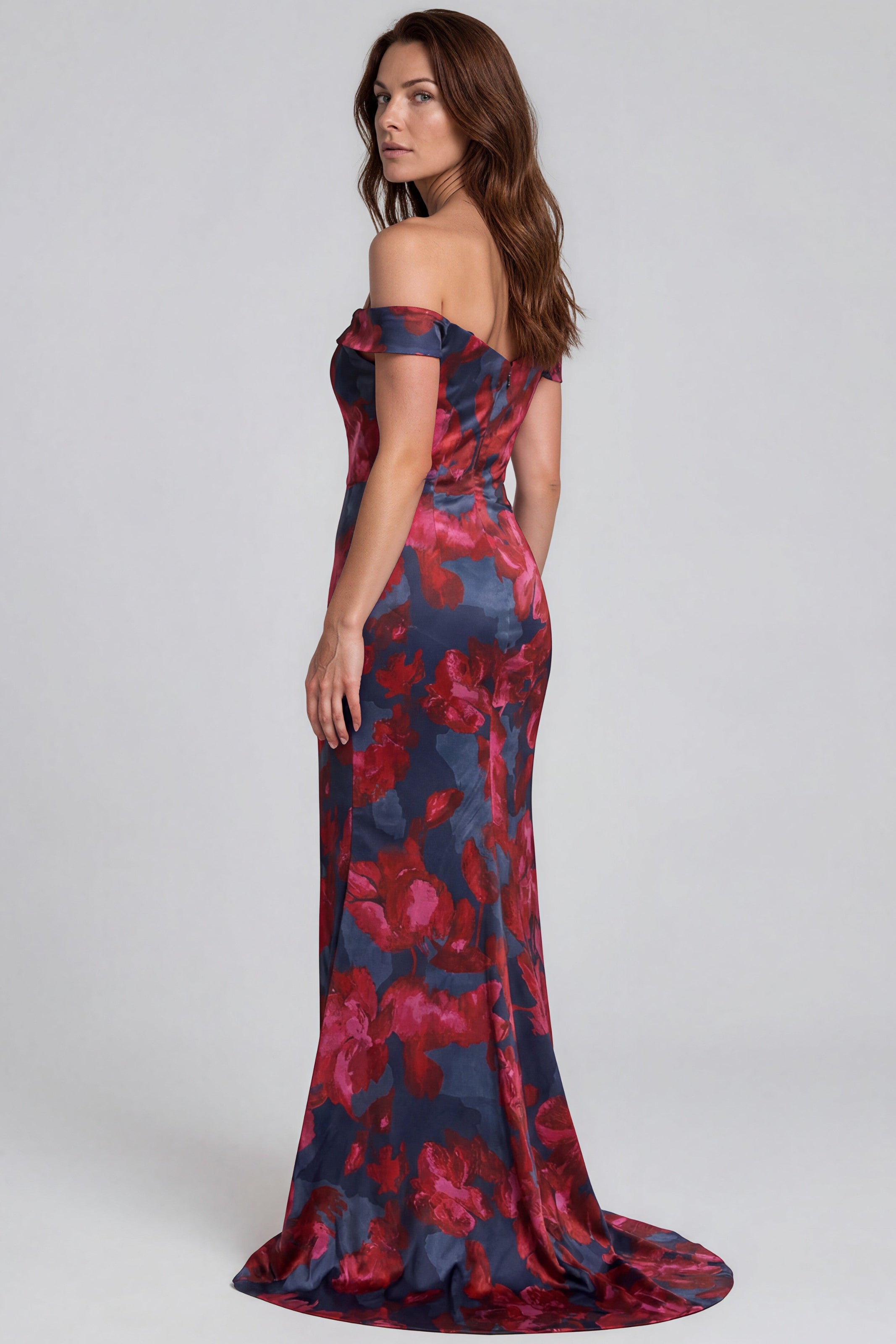 Off The Shoulder Printed Stretch Scuba Fit And Flare Gown Gown Rene Ruiz Collection
