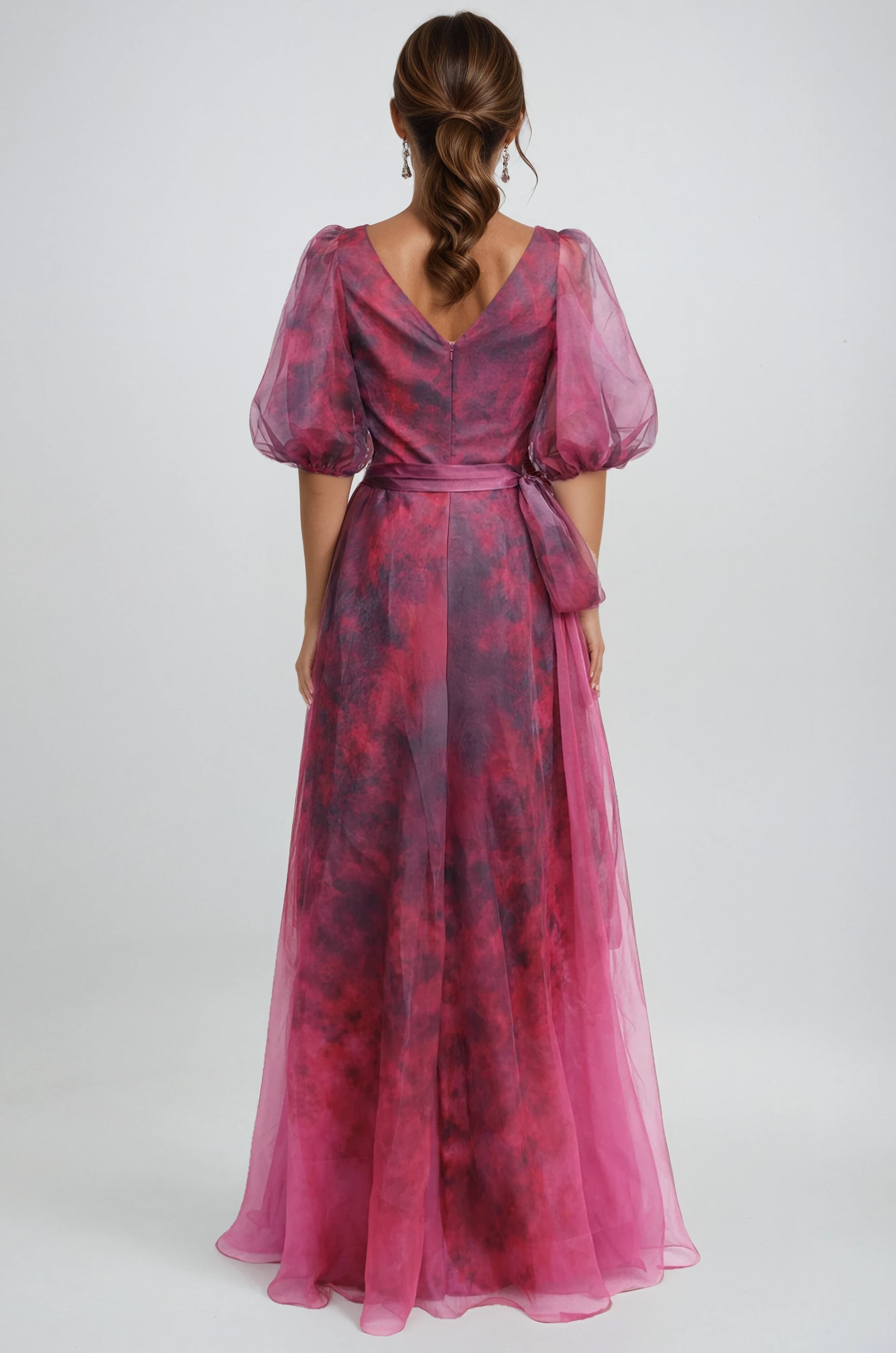 Organza V-Neck Puff Sleeves A-Line Wrap Gown