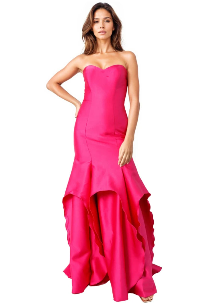 Strapless Satin Ruffle Gown