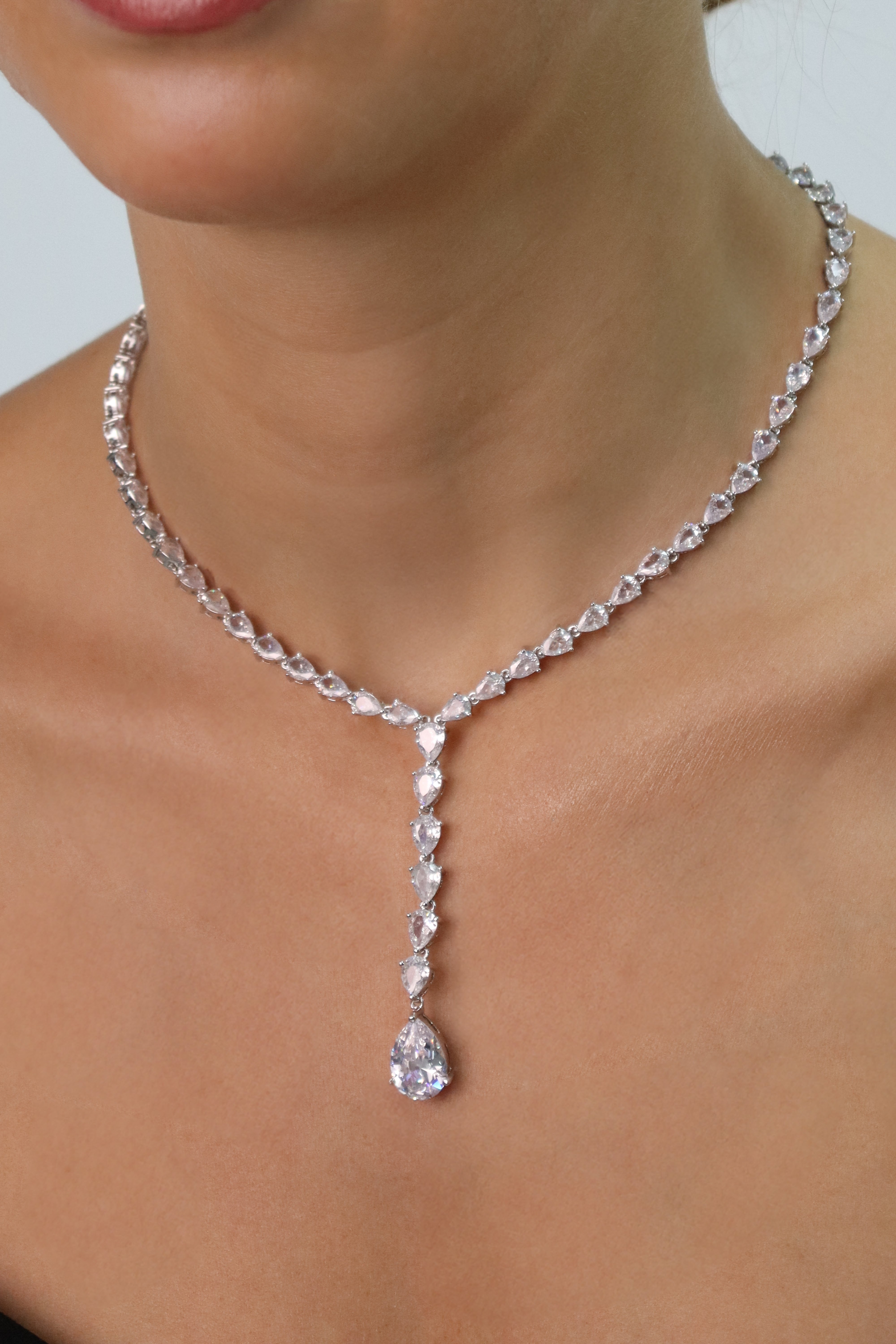 Pear Shape Silver Plated Lariat Necklace  