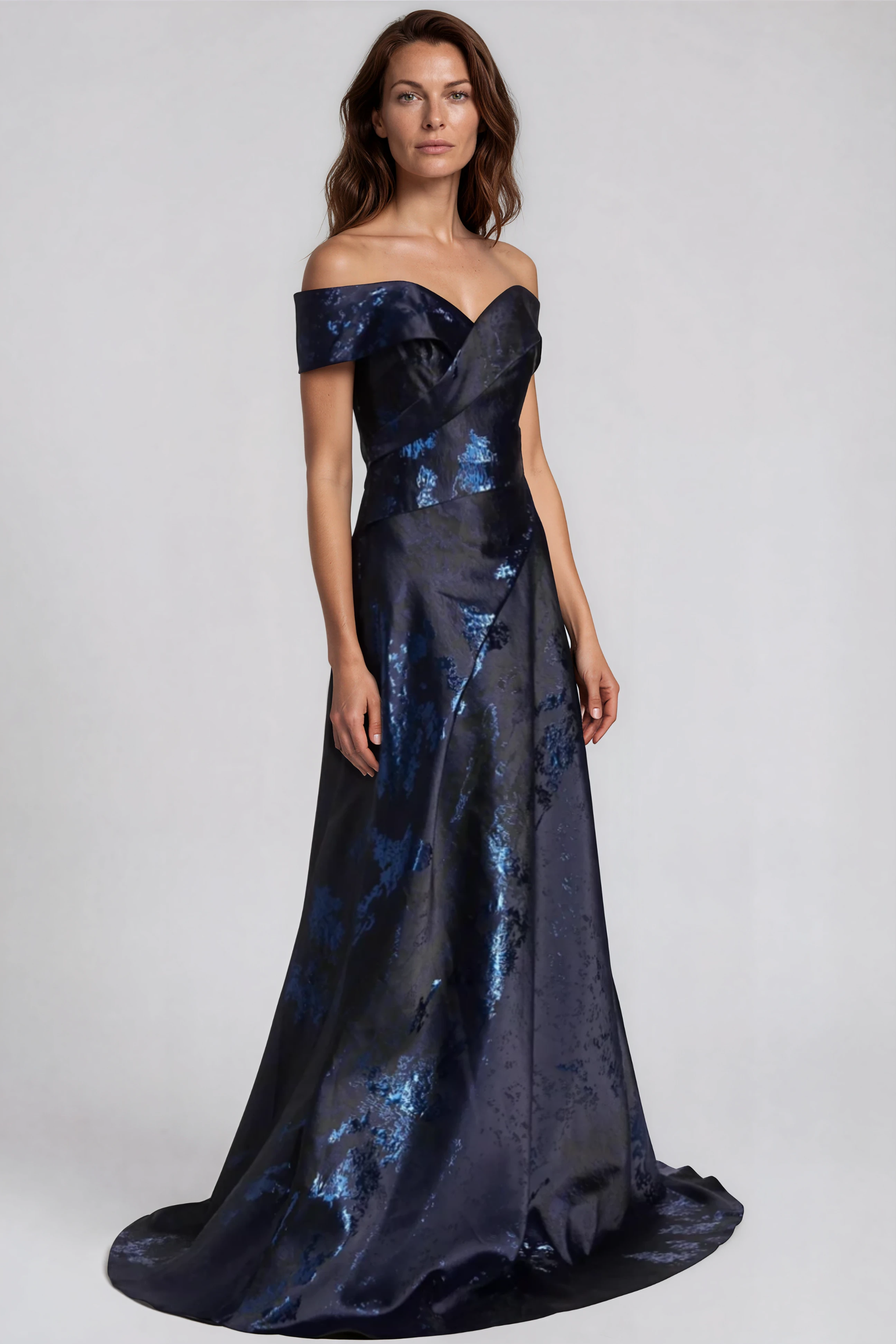 Off The Shoulder Brocade Gown Gown Rene Ruiz Collection