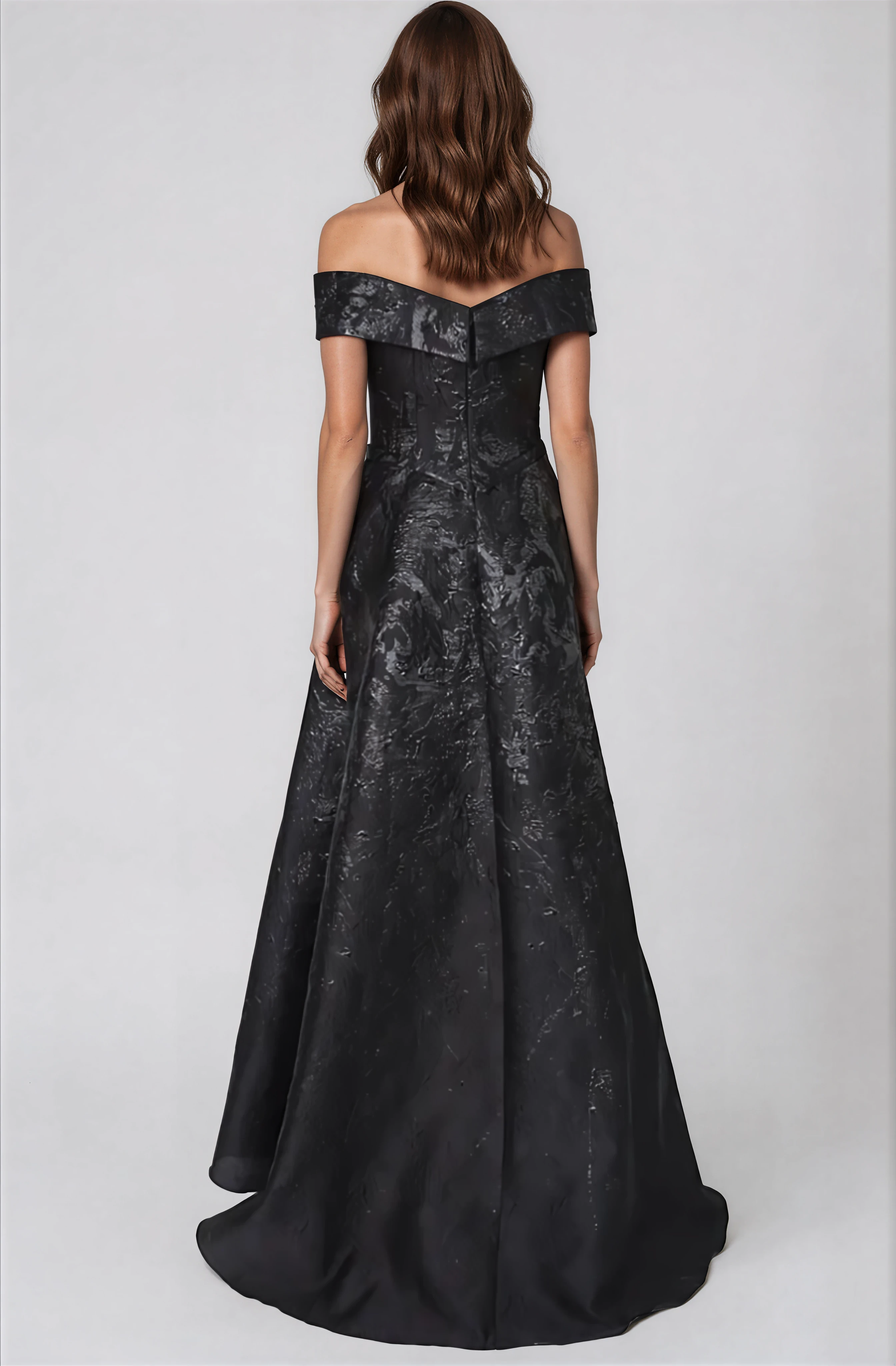 Off The Shoulder A-Line Brocade Gown Gown Rene Ruiz Collection