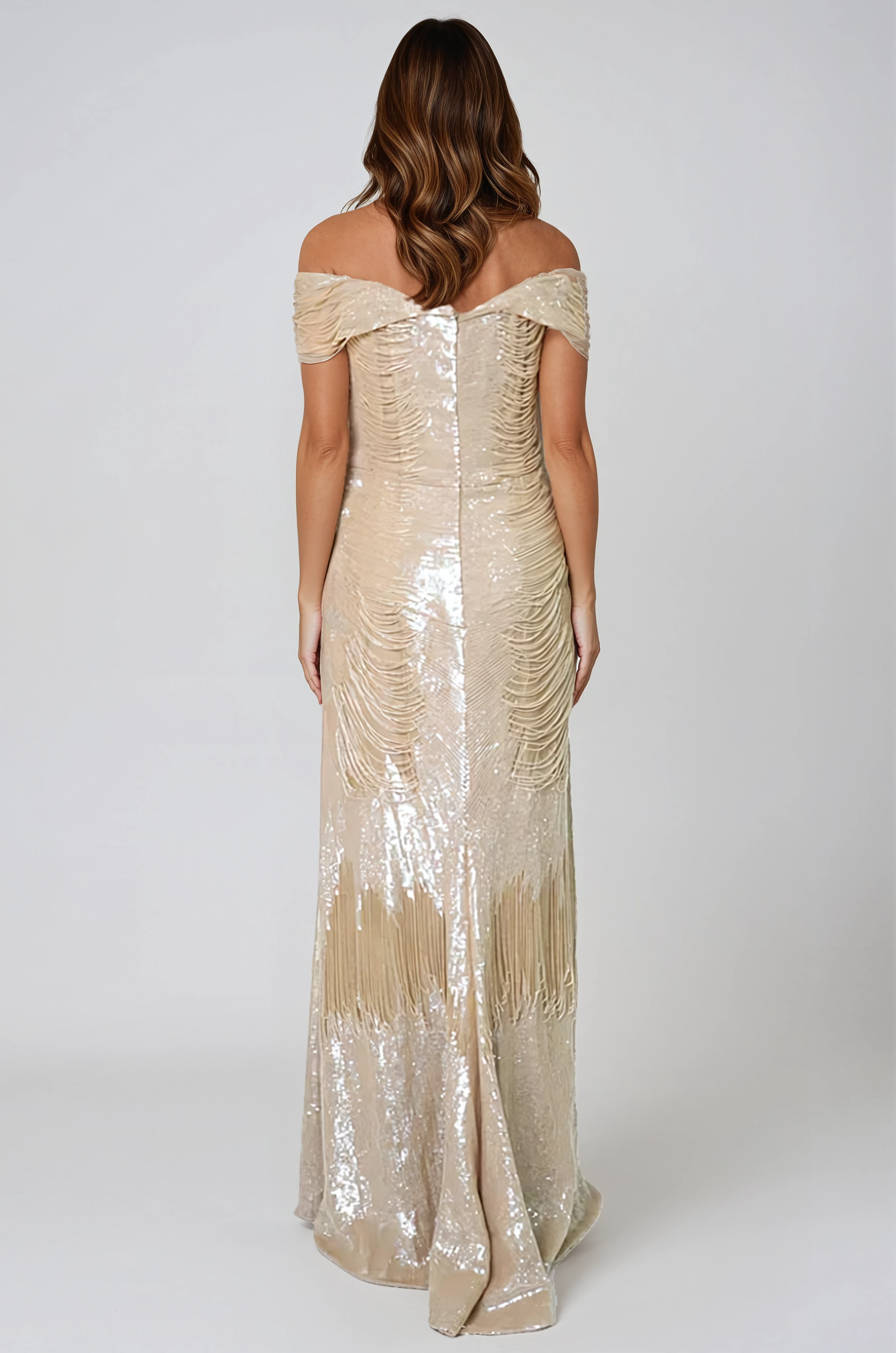 Off The Shoulder Beaded Column Gown Gown Rene Ruiz Collection