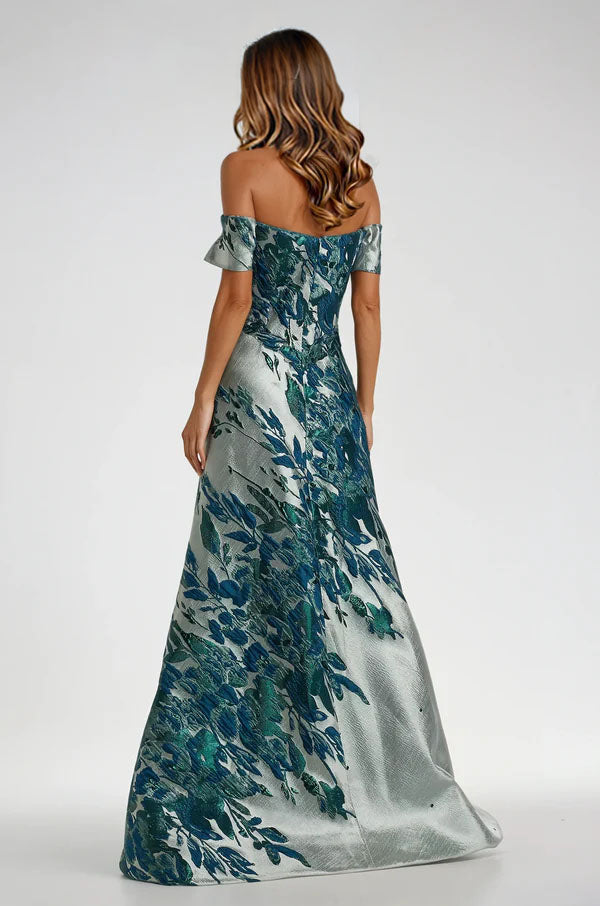 Off The Shoulder Bias Brocade Gown Gown Rene Ruiz Collection