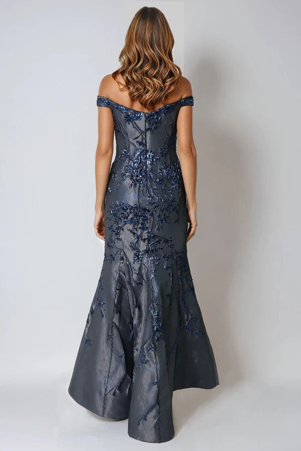 Off The Shoulder Brocade Fit And Flare Gown Gown Rene Ruiz Collection