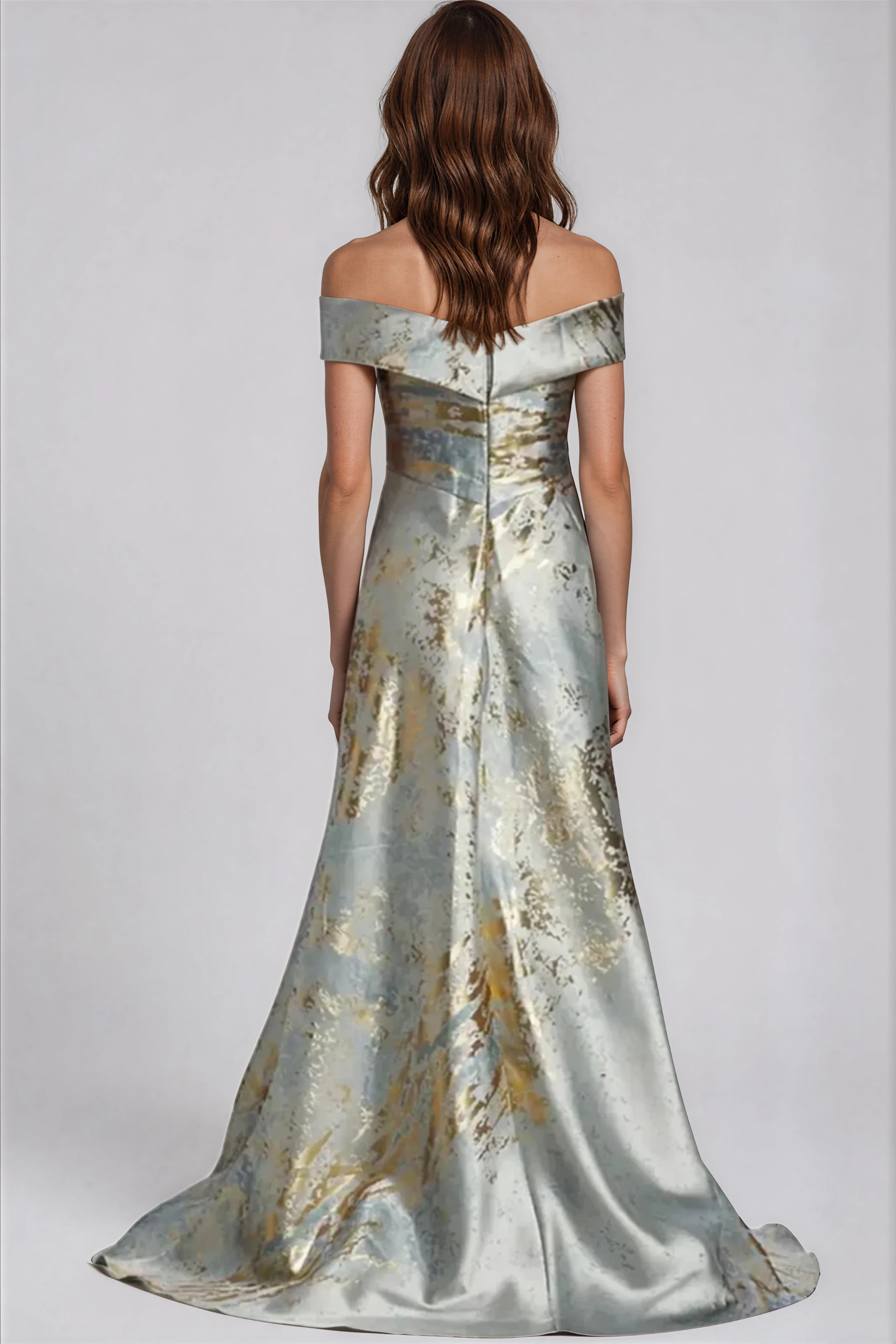 Off The Shoulder Brocade Gown Gown Rene Ruiz Collection