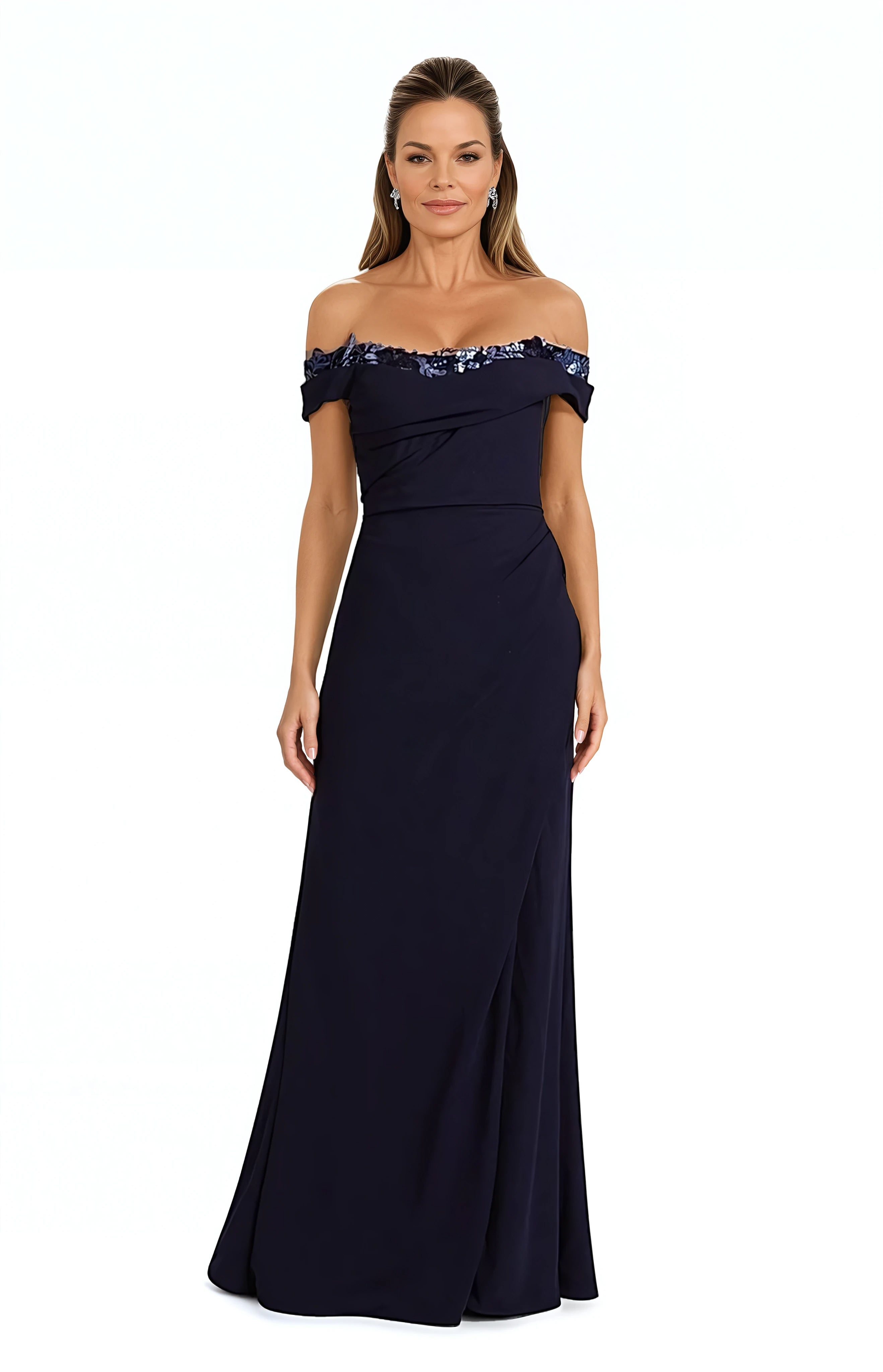 Off The Shoulder Crepe Fit And Flare Gown Gown Rene Ruiz Collection 0 Navy