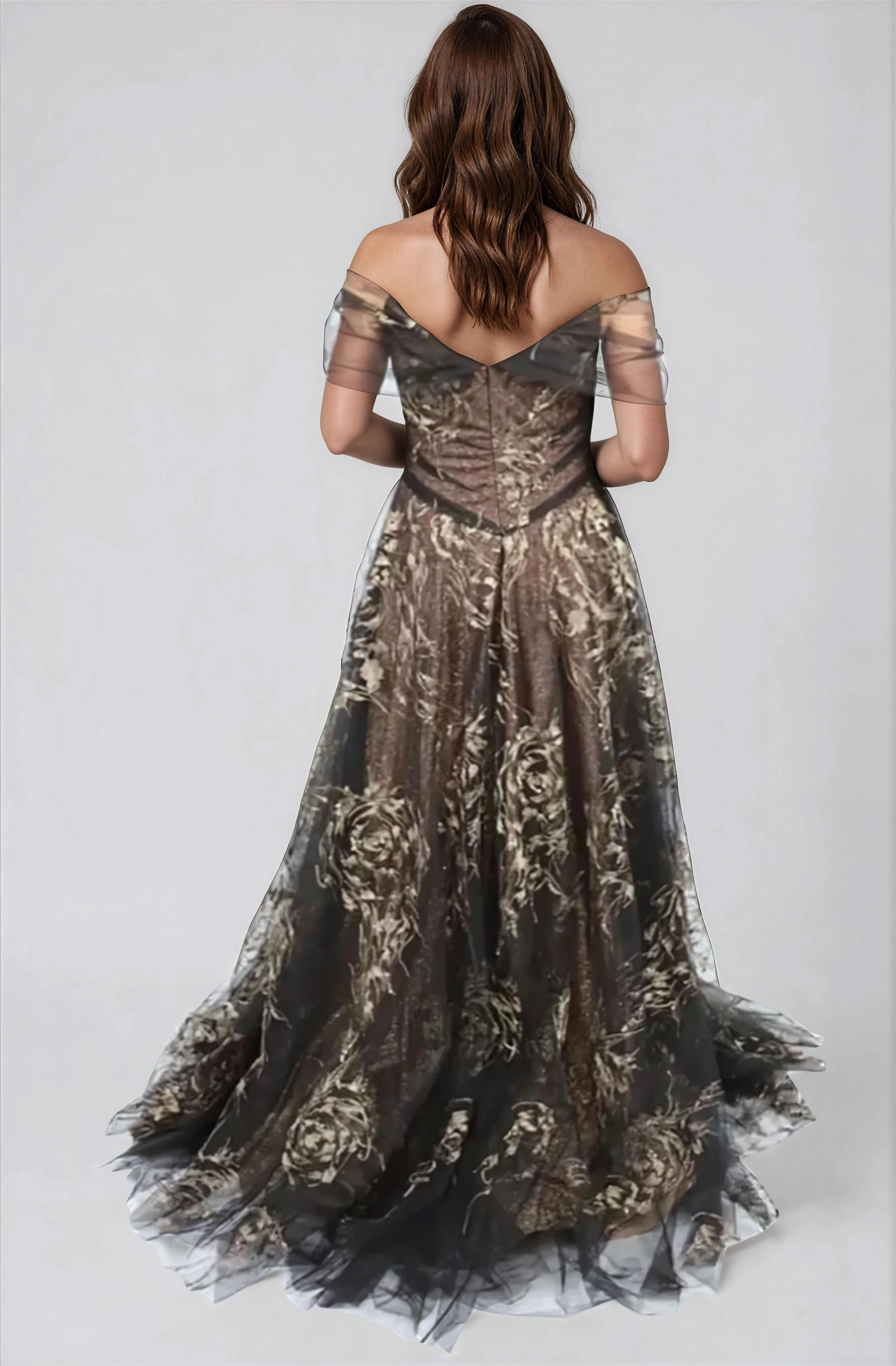 Off The Shoulder Draped A-Line Embroidered Gown Gown Rene Ruiz Collection