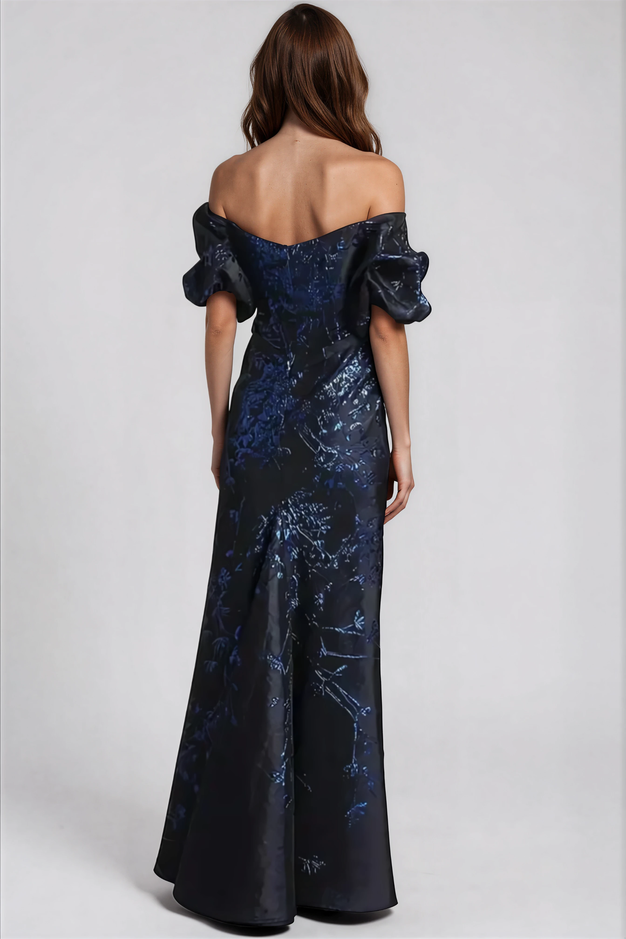 Off The Shoulder Puff Sleeve Brocade Gown Gown Rene Ruiz Collection