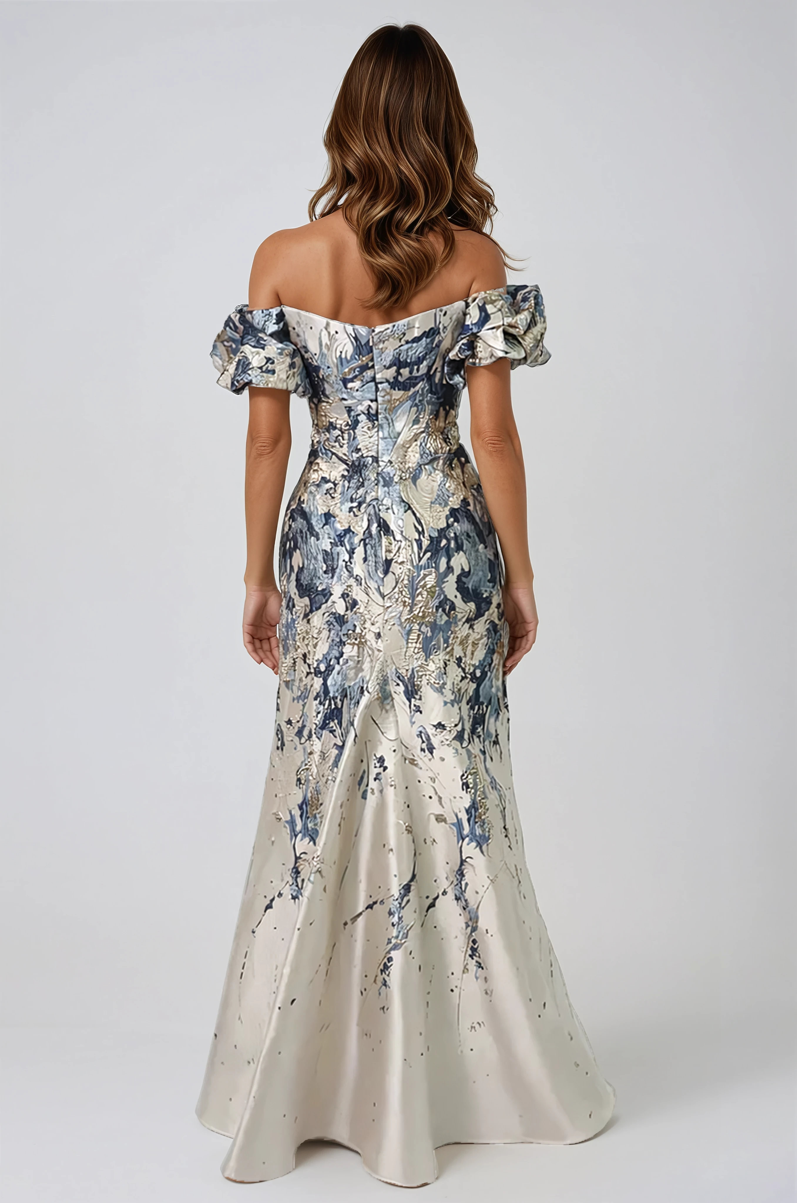 Off The Shoulder Puff Sleeve Fit And Flare Gown Gown Rene Ruiz Collection