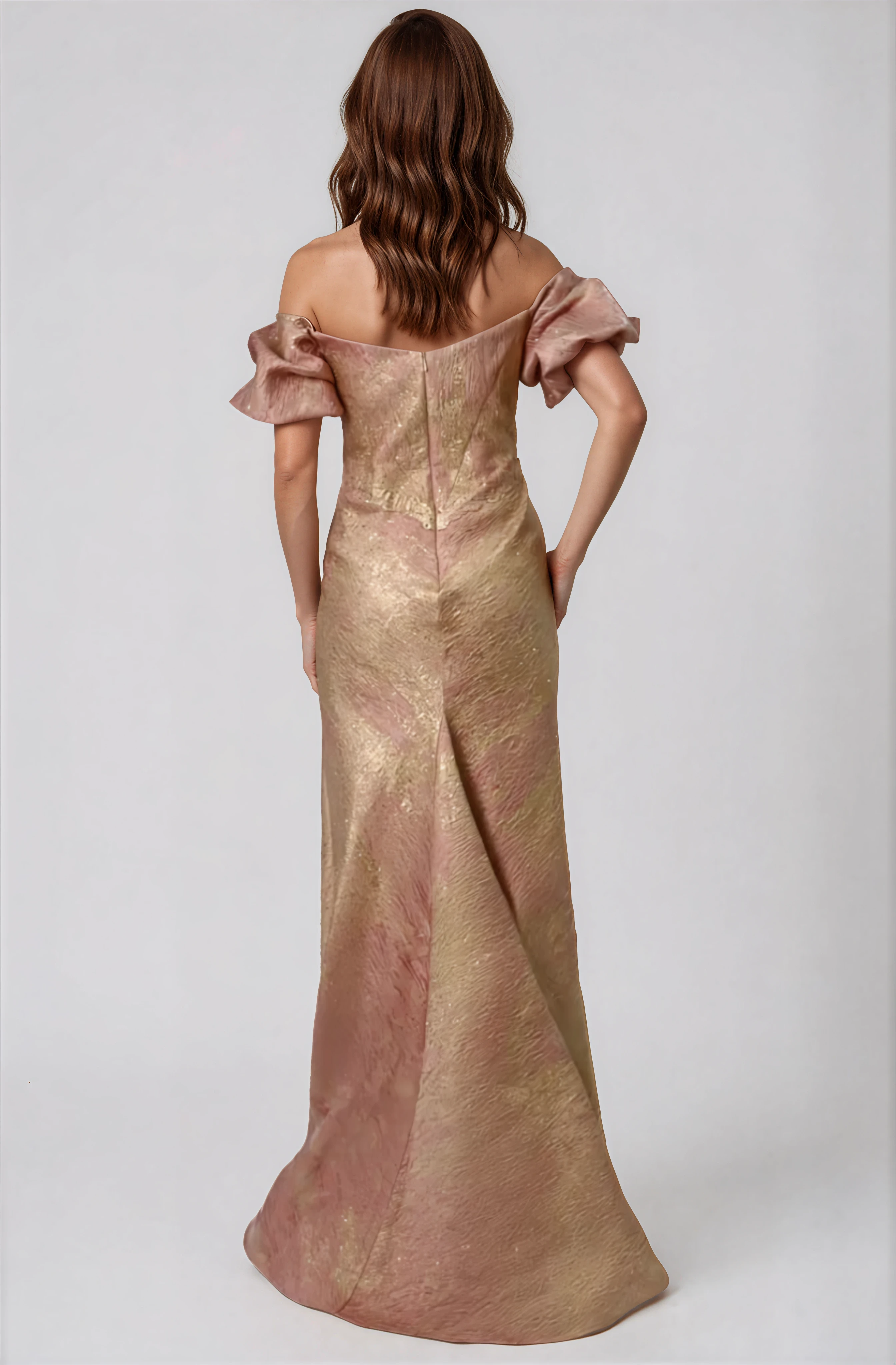 Off The Shoulder Puff Sleeve Fit And Flare Gown Gown Rene Ruiz Collection