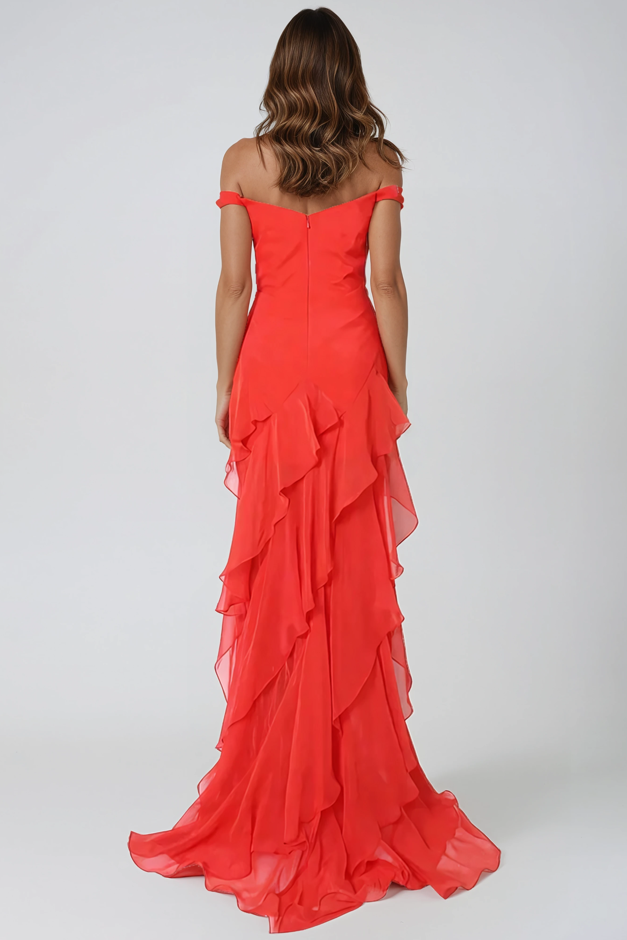 Off The Shoulder Tiered Chiffon Gown Gown Rene Ruiz Collection