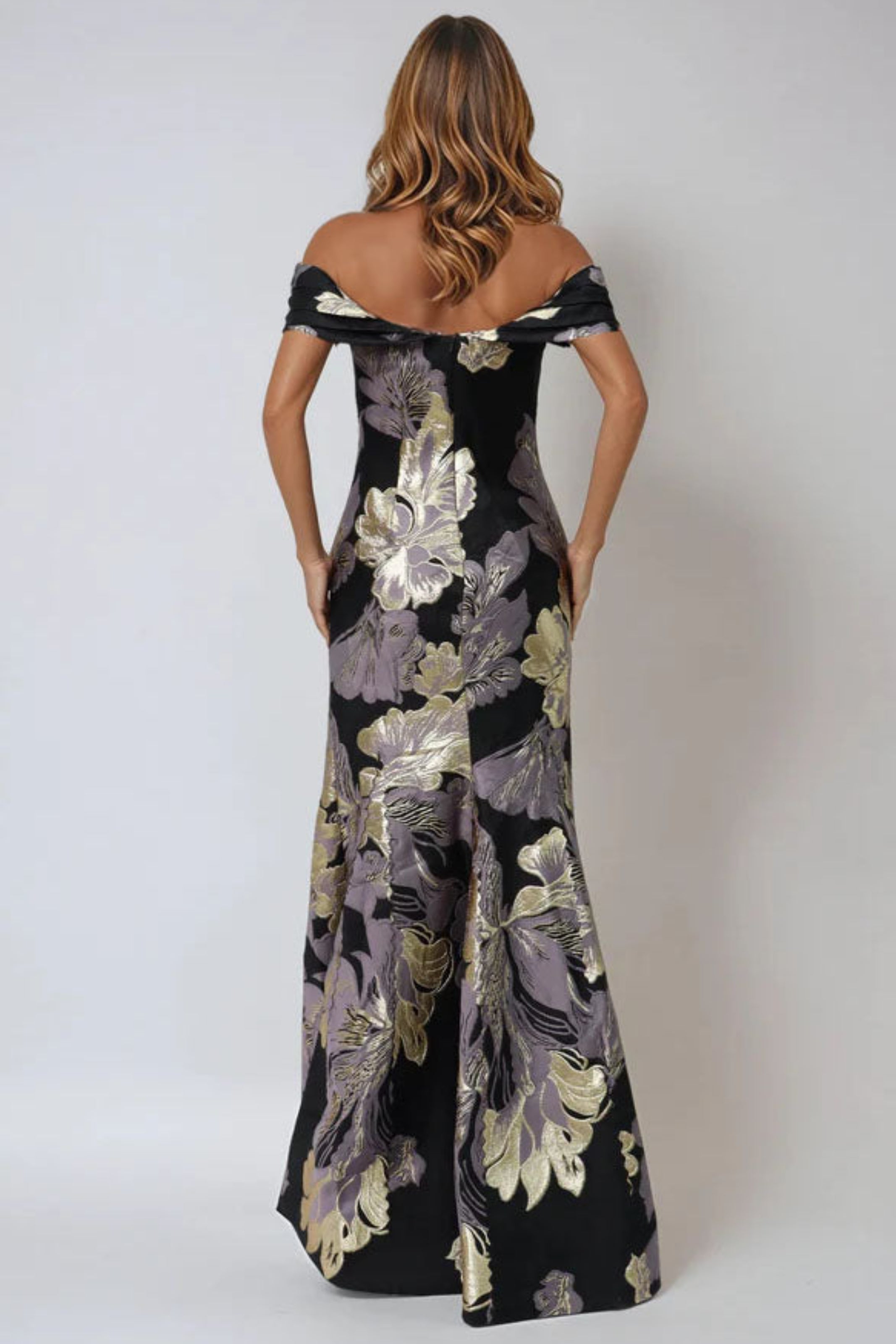 Off the Shoulder Metallic Brocade Fit and Flare Gown Gown Rene Ruiz Collection