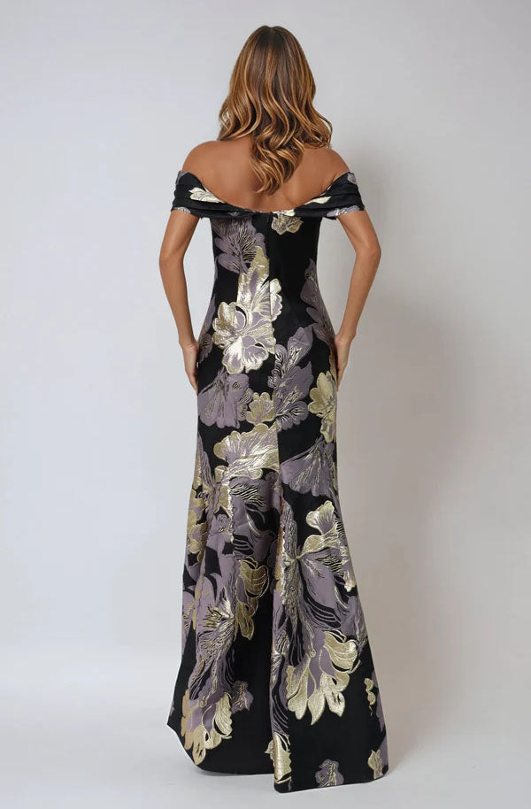 Off the Shoulder Metallic Brocade Fit and Flare Gown Gown Rene Ruiz Collection
