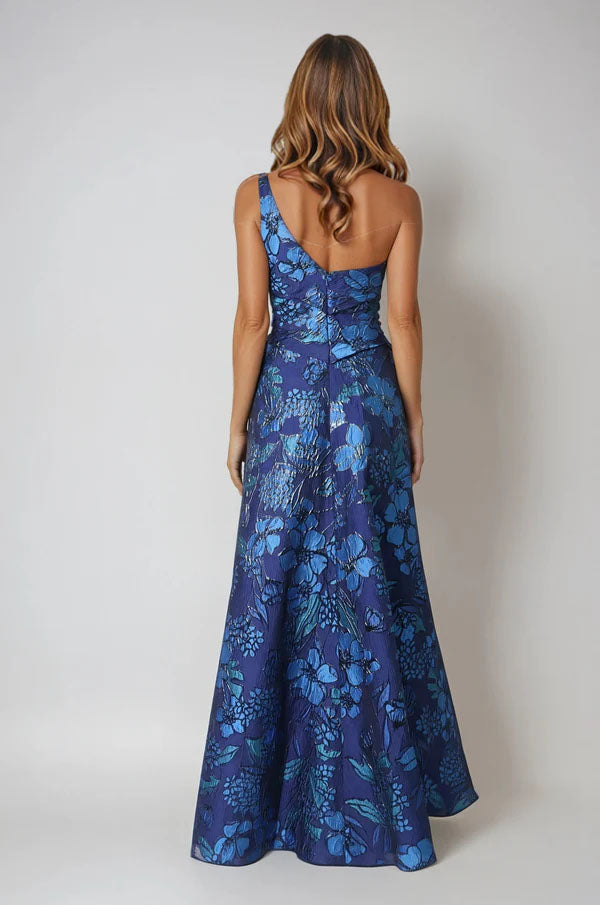 One Shoulder Brocade Metallic Floral A-Line Gown Gown Rene Ruiz Collection