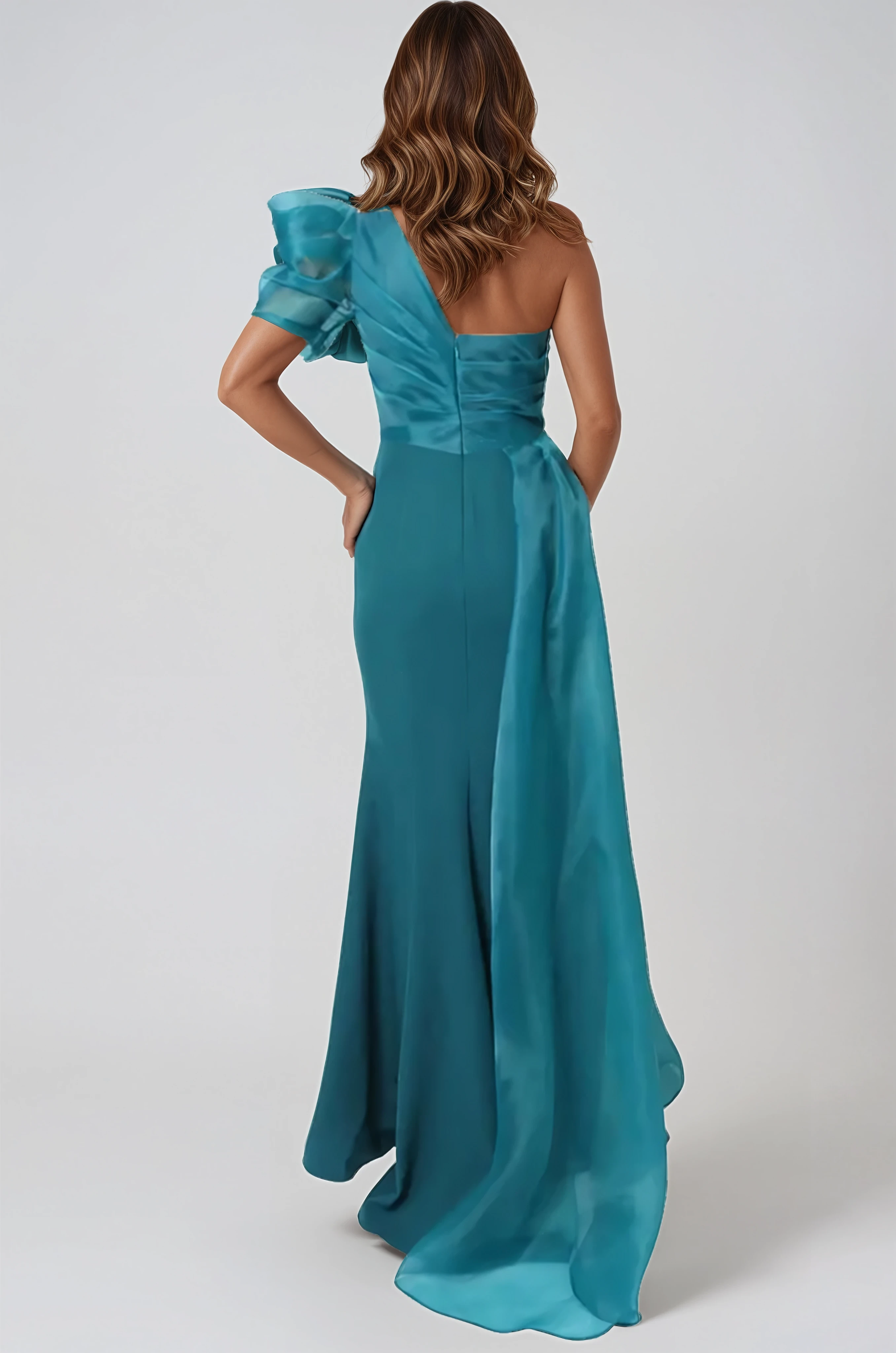 One Shoulder Draped Organza and Crepe Gown Gown Rene Ruiz Collection