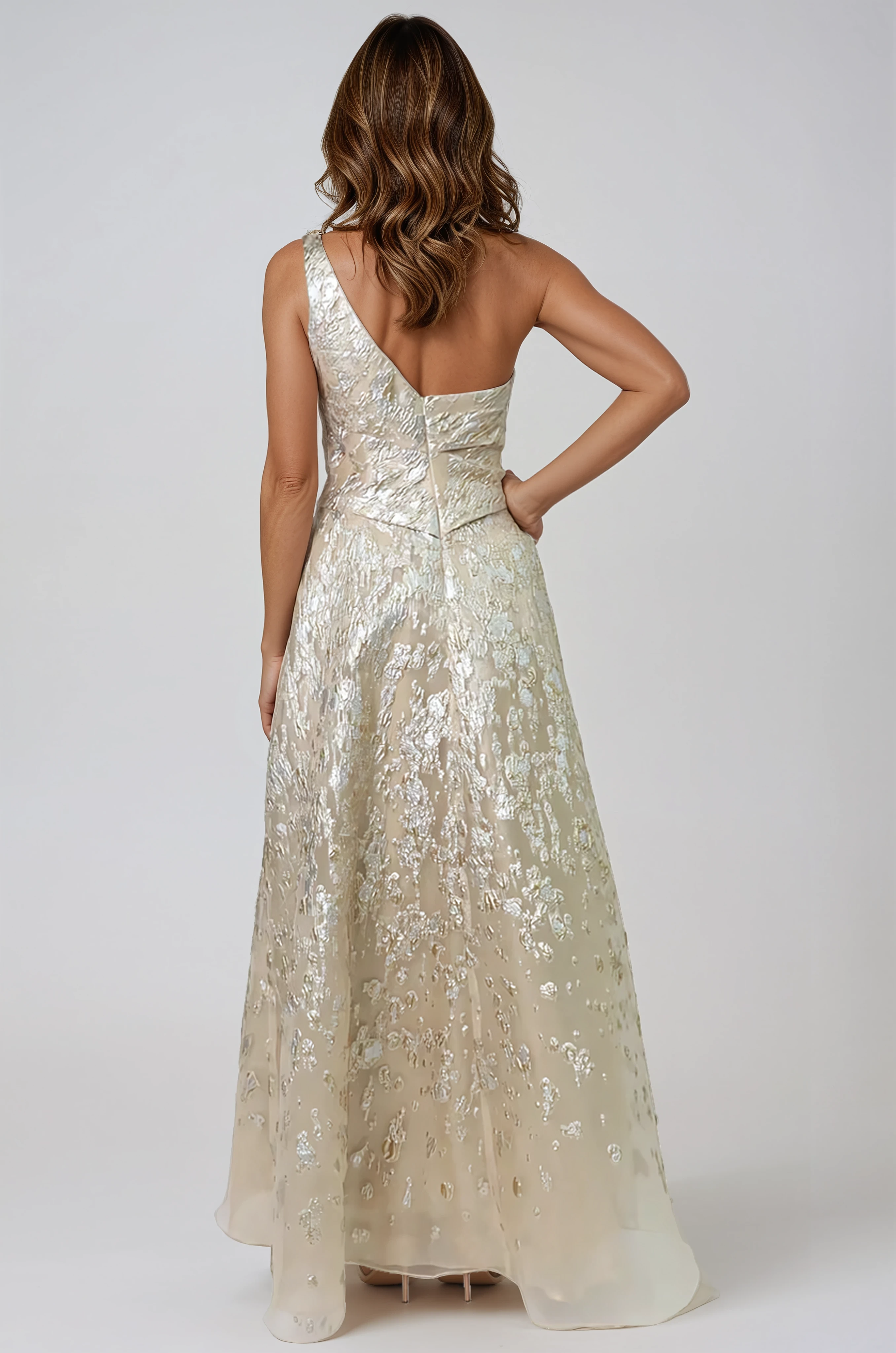 One Shoulder Fil Coupe Metallic Floral A-Line Gown Gown Rene Ruiz Collection