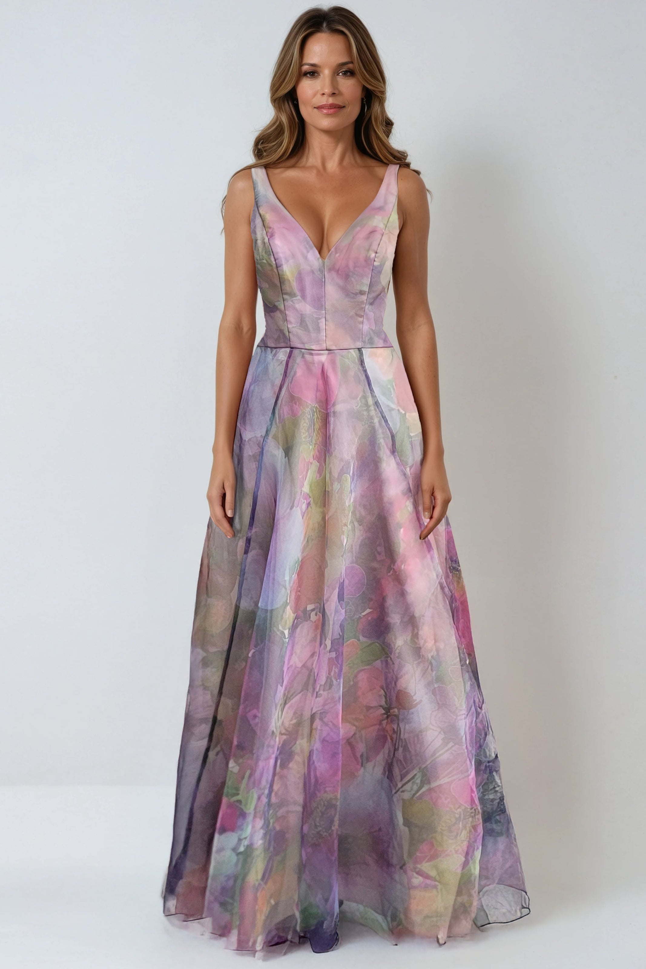 Printed Organza V-Neck Sleeveless Gown Gown Rene Ruiz Collection