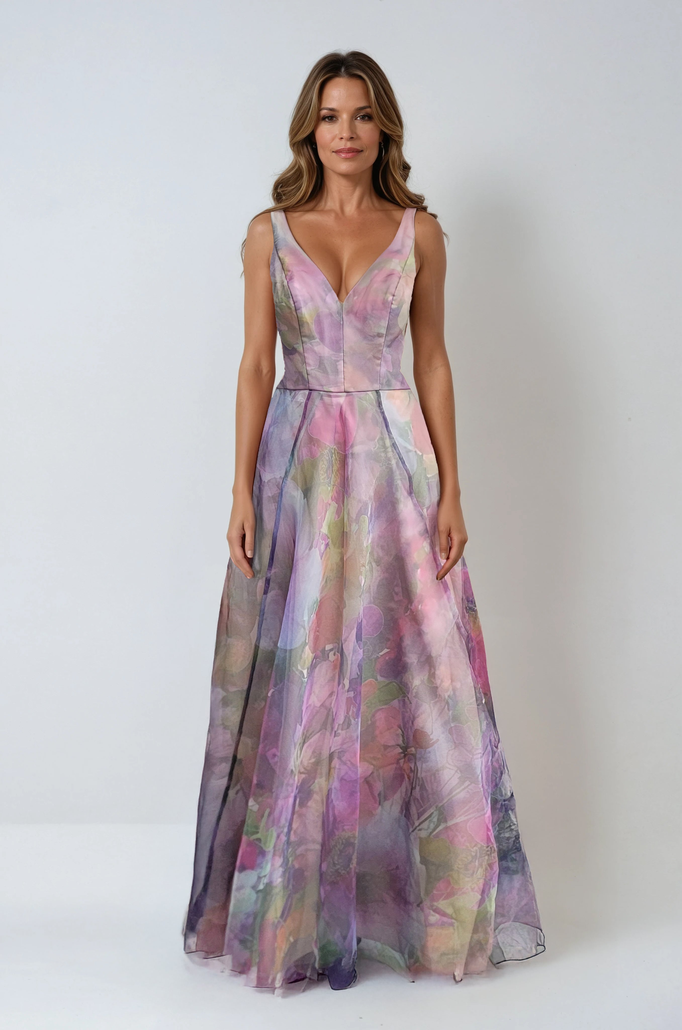 Printed Organza V-Neck Sleeveless Gown