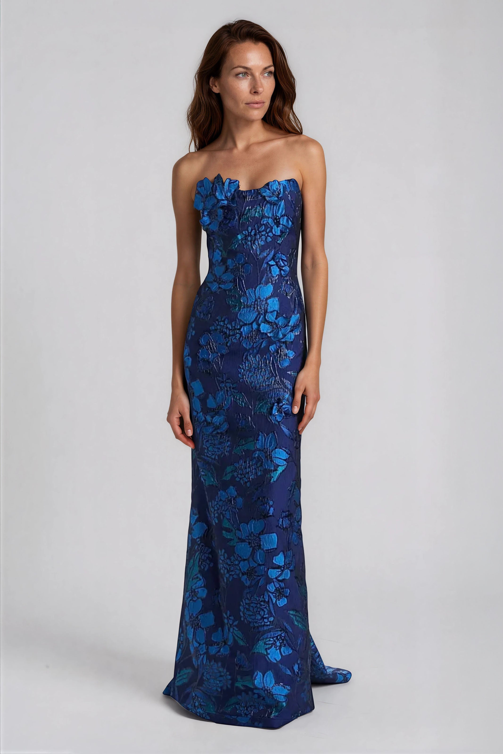 Strapless Sweetheart Brocade Fit And Flare Gown Gown Rene Ruiz Collection