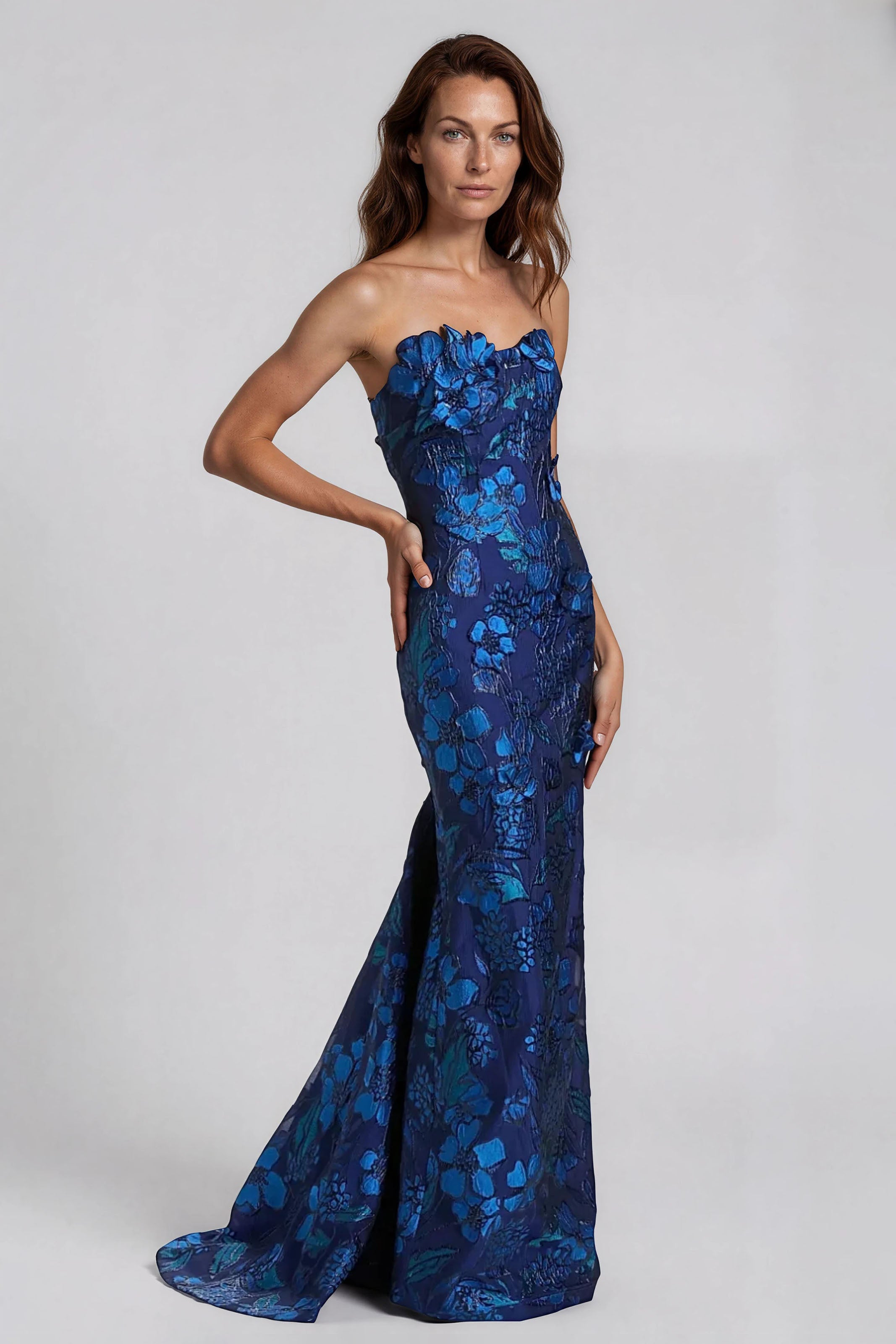 Strapless Sweetheart Brocade Fit And Flare Gown Gown Rene Ruiz Collection