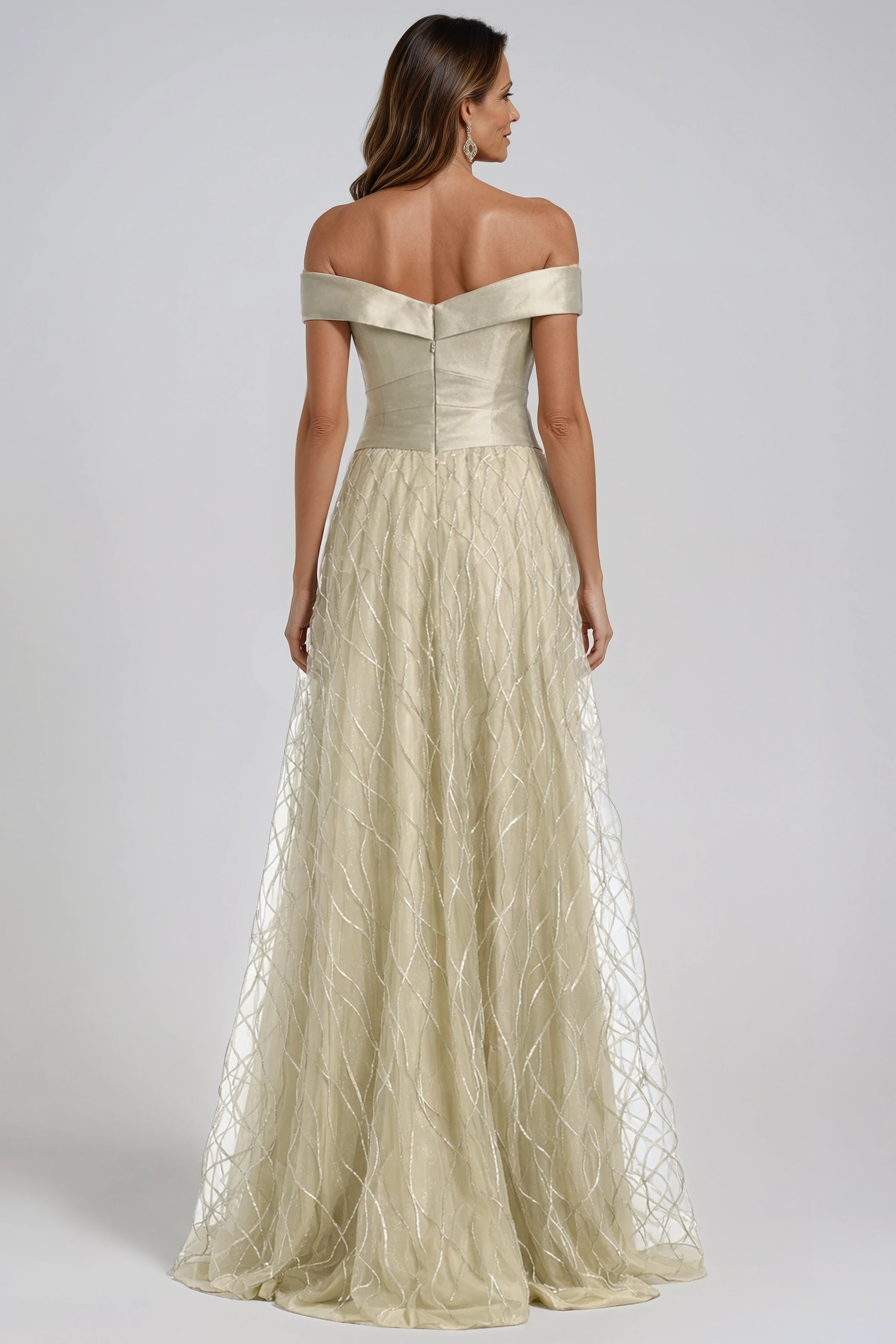 Banded Off The Shoulder Metallic Tulle Gown Gown Rene Ruiz Collection