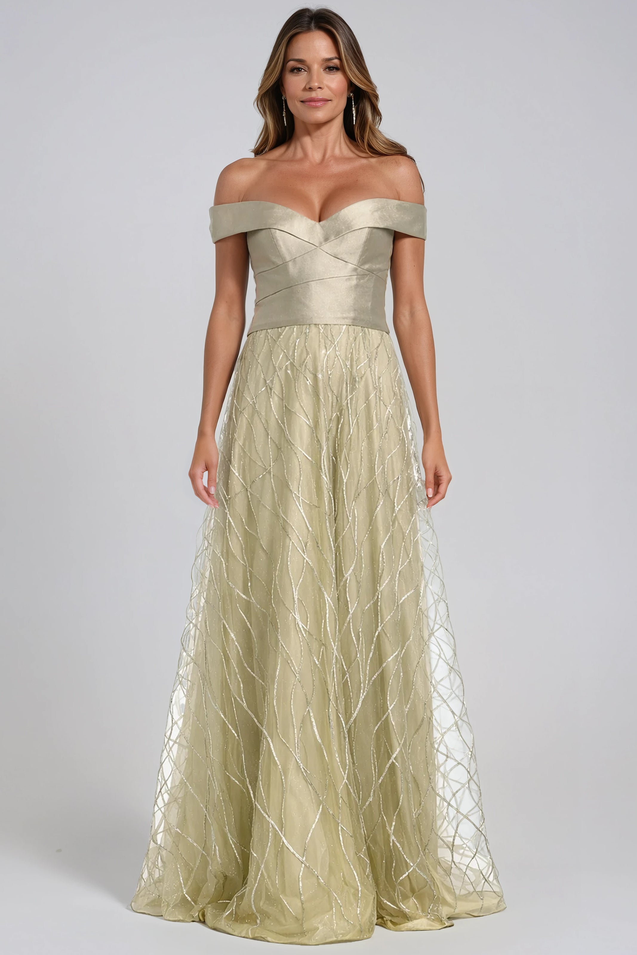 Banded Off The Shoulder Metallic Tulle Gown Gown Rene Ruiz Collection