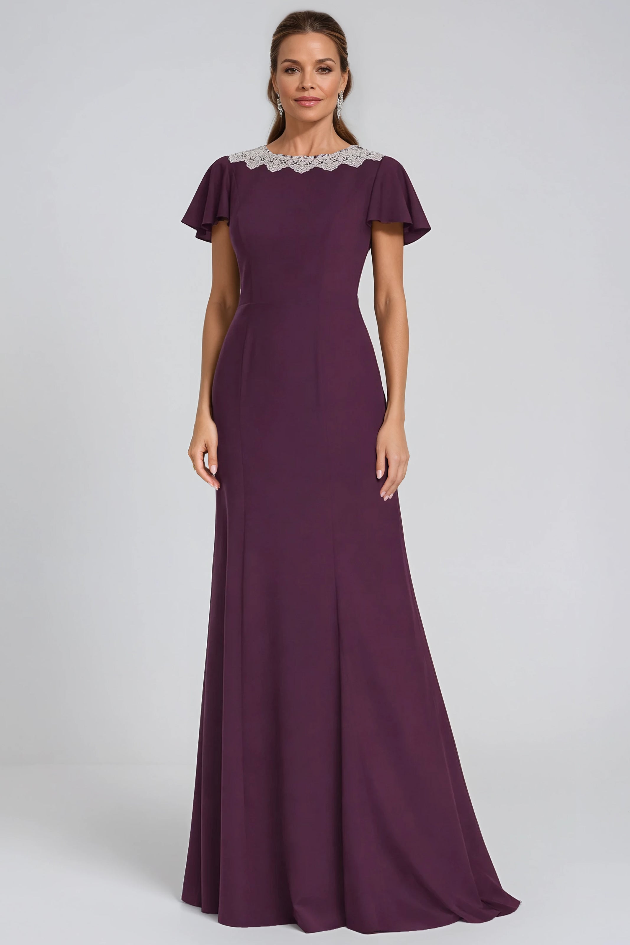Crepe Flutter Sleeve Beaded Collar Gown Gown Rene Ruiz Collection