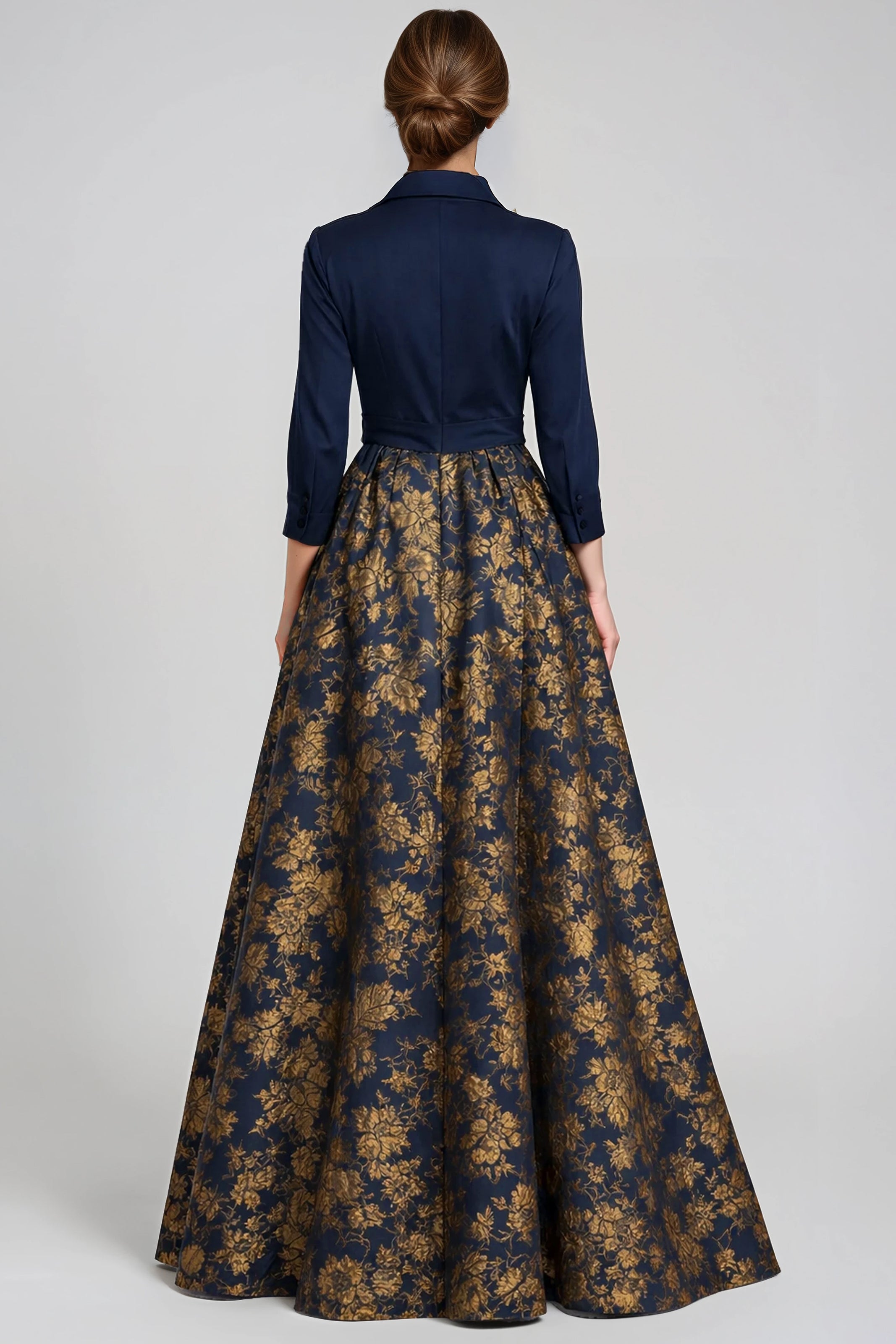 Long Sleeve Metallic Floral Shirt Gown with Waist Tie Gown Rene Ruiz Collection