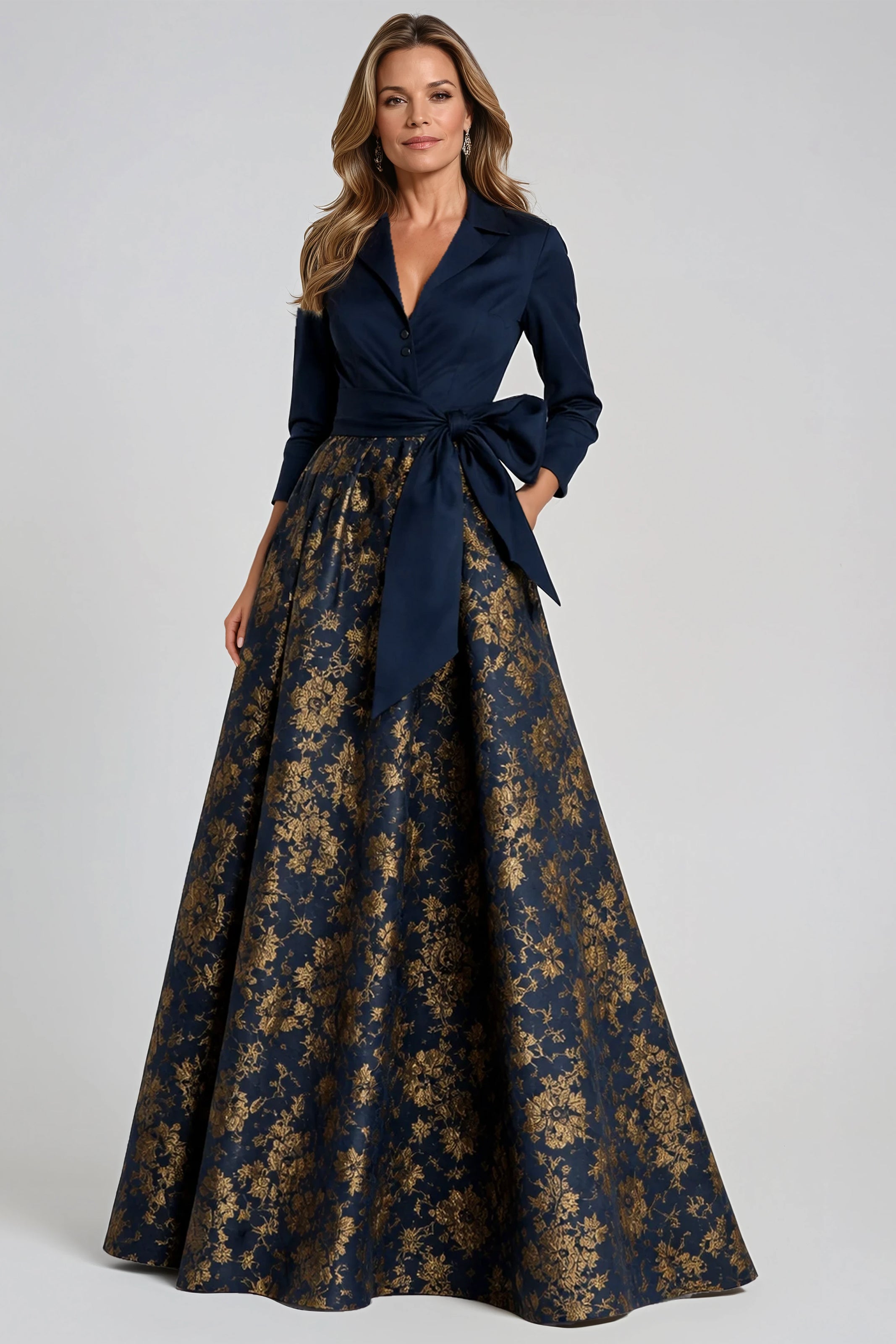 Long Sleeve Metallic Floral Shirt Gown with Waist Tie Gown Rene Ruiz Collection