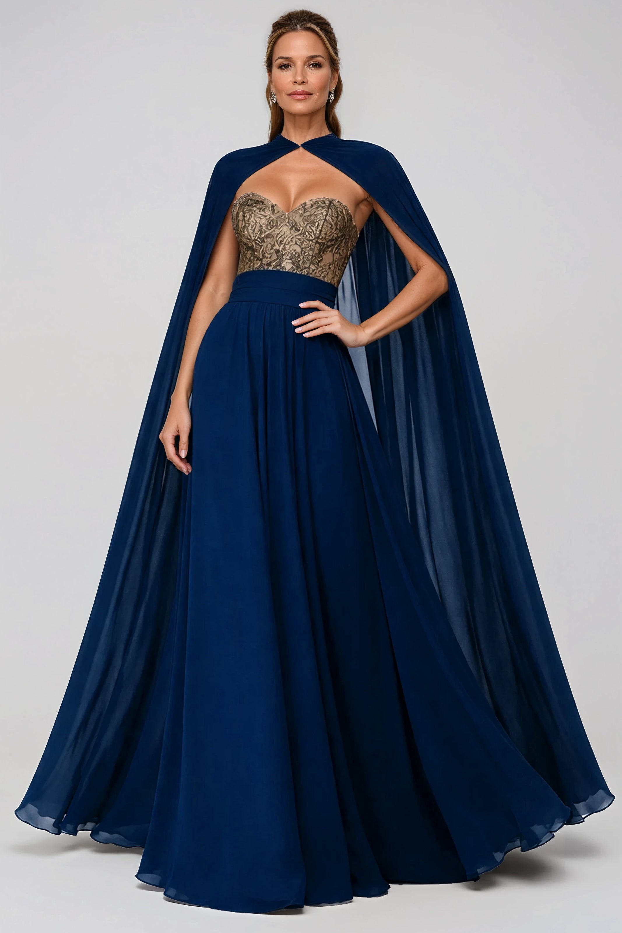 Pleated Sweetheart Neckline Cape Sleeve Tulle A-Line Gown Gown Rene Ruiz Collection
