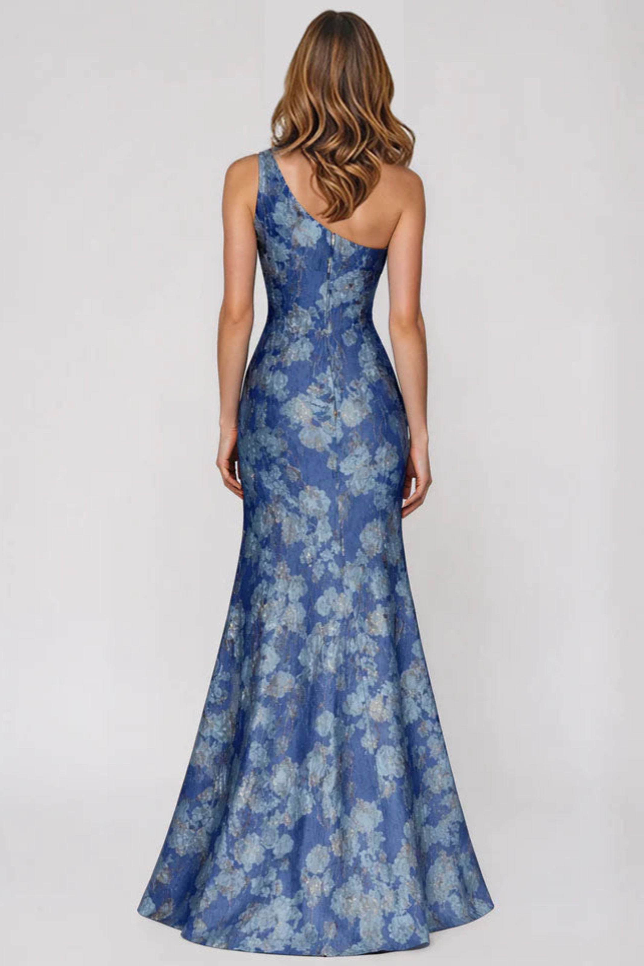 One Shoulder Floral Jacquard Fit And Flare Gown with Front Slit Gown Rene Ruiz Collection