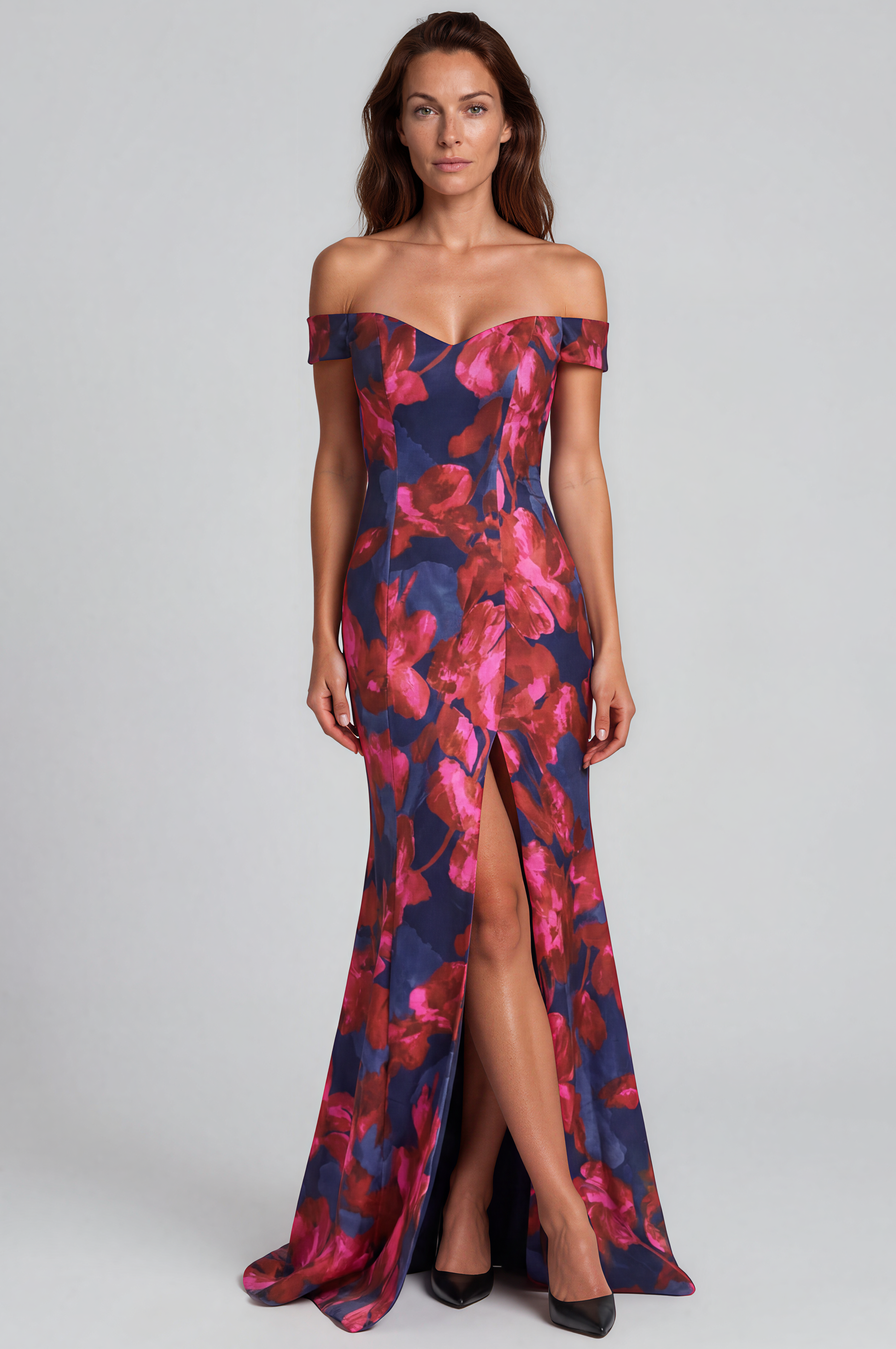 Off The Shoulder Floral Scuba Stretch Fit And Flare Gown Gown Rene Ruiz Collection