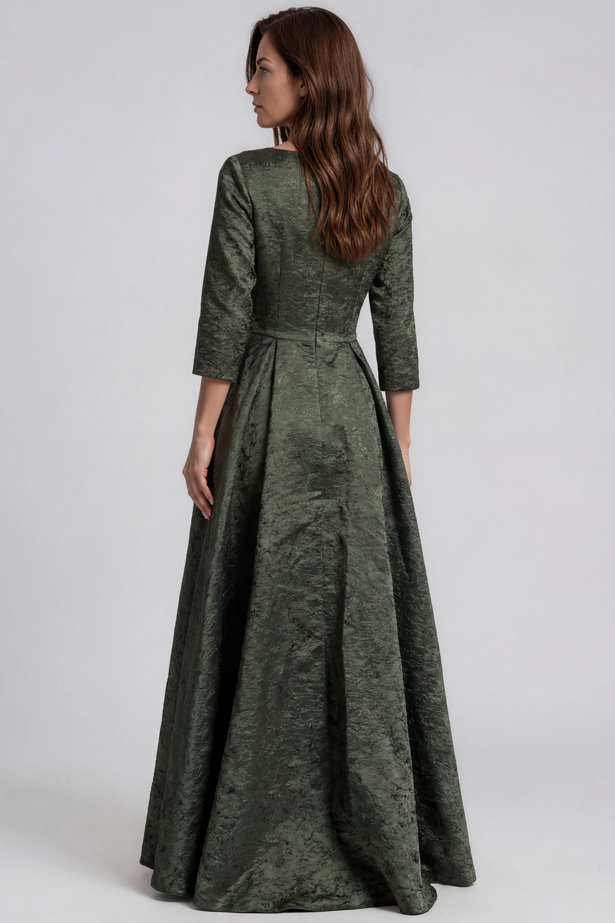 3/4 Sleeves V-Neck Jacquard A-Line Gown