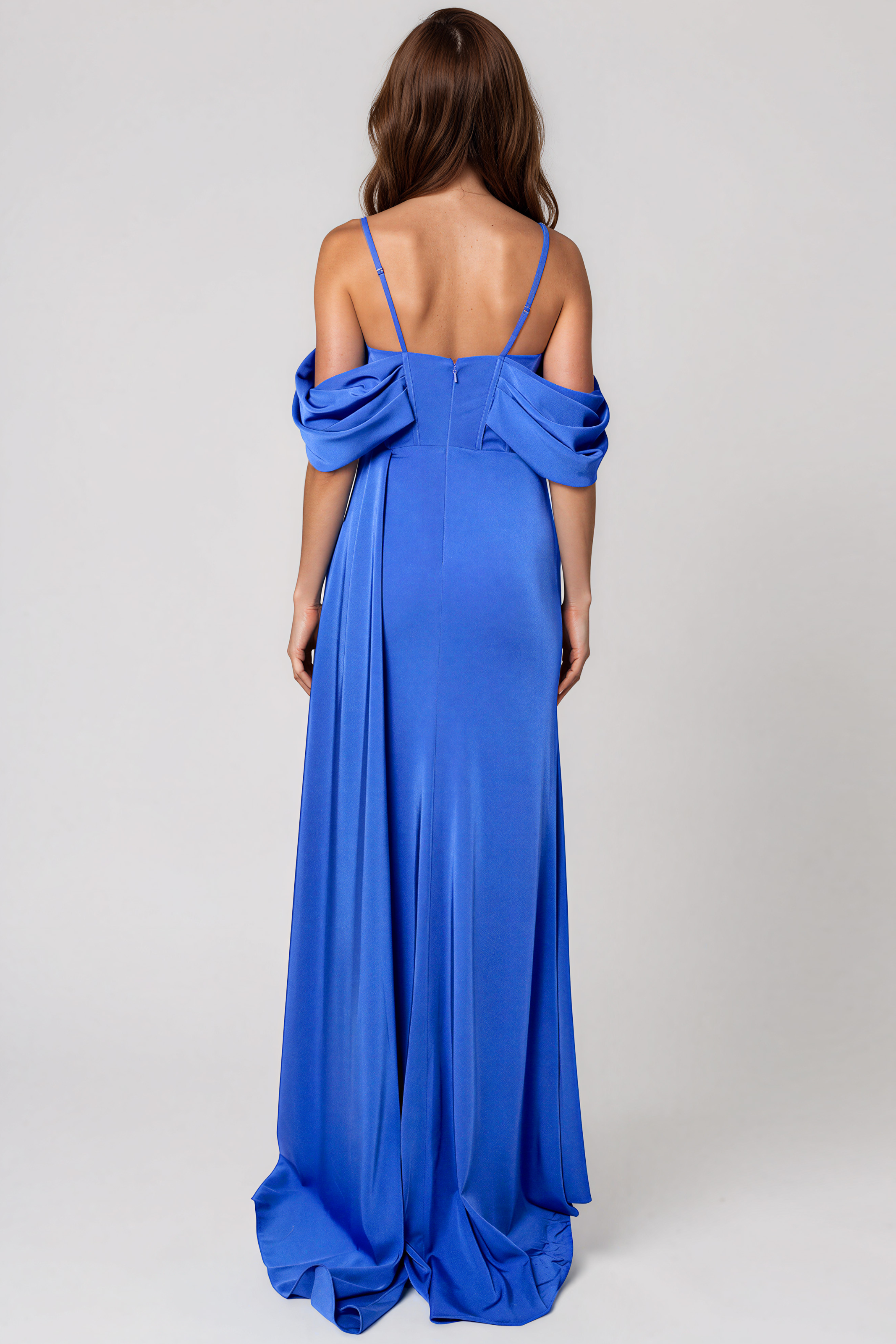 Off The Shoulder Ruched Satin Fit and Flare Gown Gown Rene Ruiz Collection