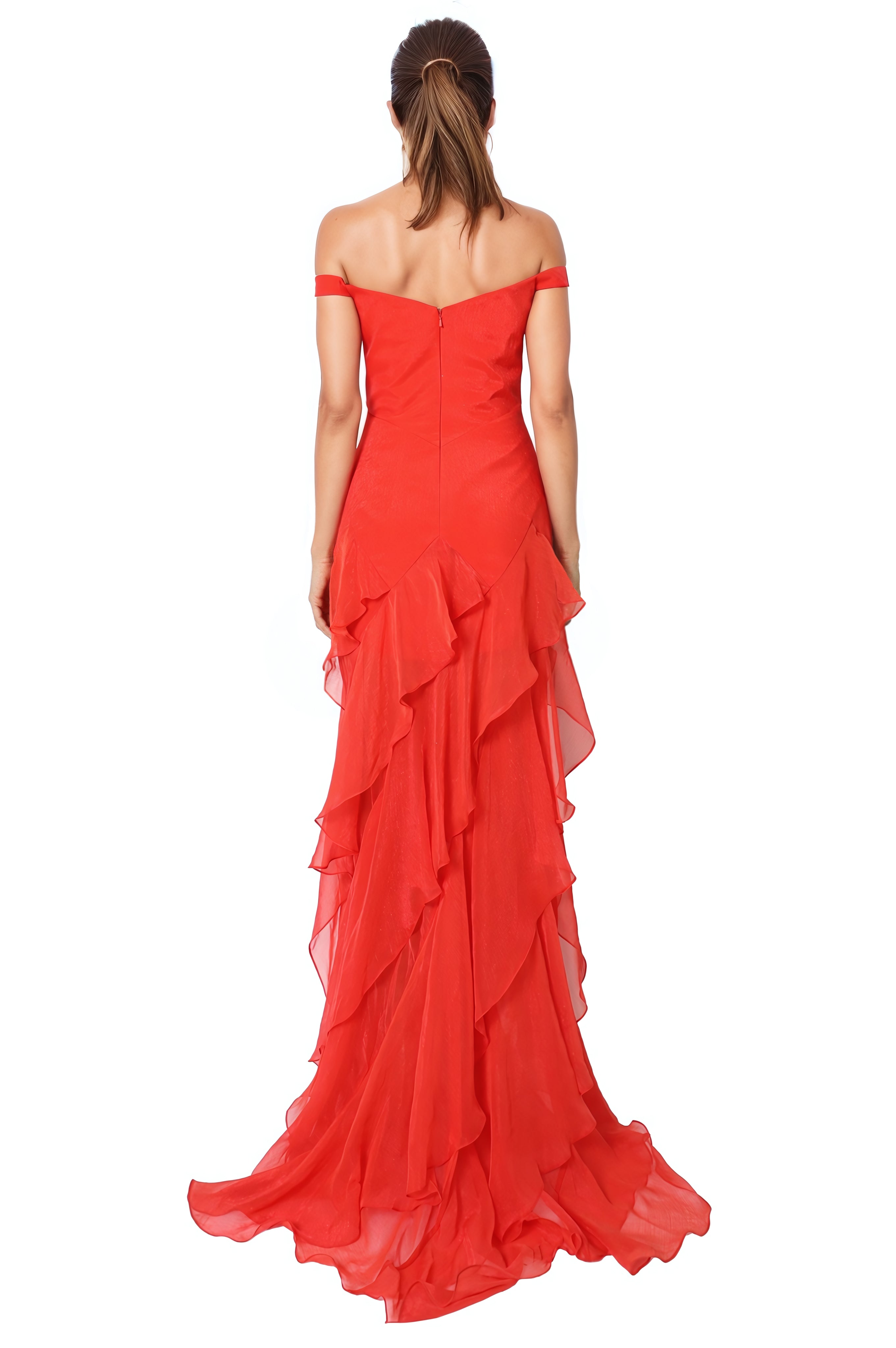 Off The Shoulder Tiered Chiffon Gown  